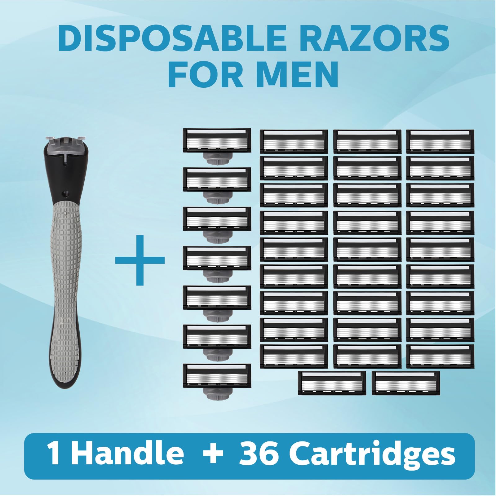 37 Pcs Refillable 5-Blade Disposable Razors for Men with Sensitive Skin - Includes 1 Razor Handle & 36 Replacement Cartridges - Premium Shaving Kit for Smooth & Comfortable Shave - Perfect for Travel, Gym & Daily Grooming Routine