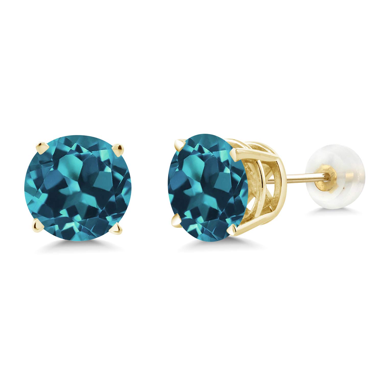 14K Yellow Gold London Blue Topaz Stud Earrings for Women - 5.00 Ct Round 8mm Gemstone Earrings with Comfort Back - Perfect for Everyday Wear, Gift Giving & Special Occasions