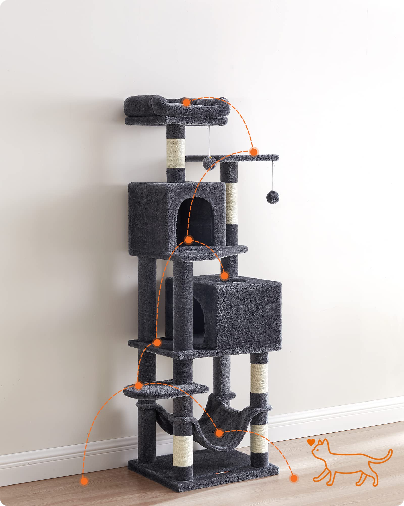 Feandrea 61-Inch Cat Tree for Indoor Cats - Multi-Level Cat Condo with 5 Scratching Posts, 2 Perches, Hammock & Toys - Durable Pet Furniture for Play & Rest (Smoky Gray) - Perfect for Small Spaces & Multi-Cat Homes