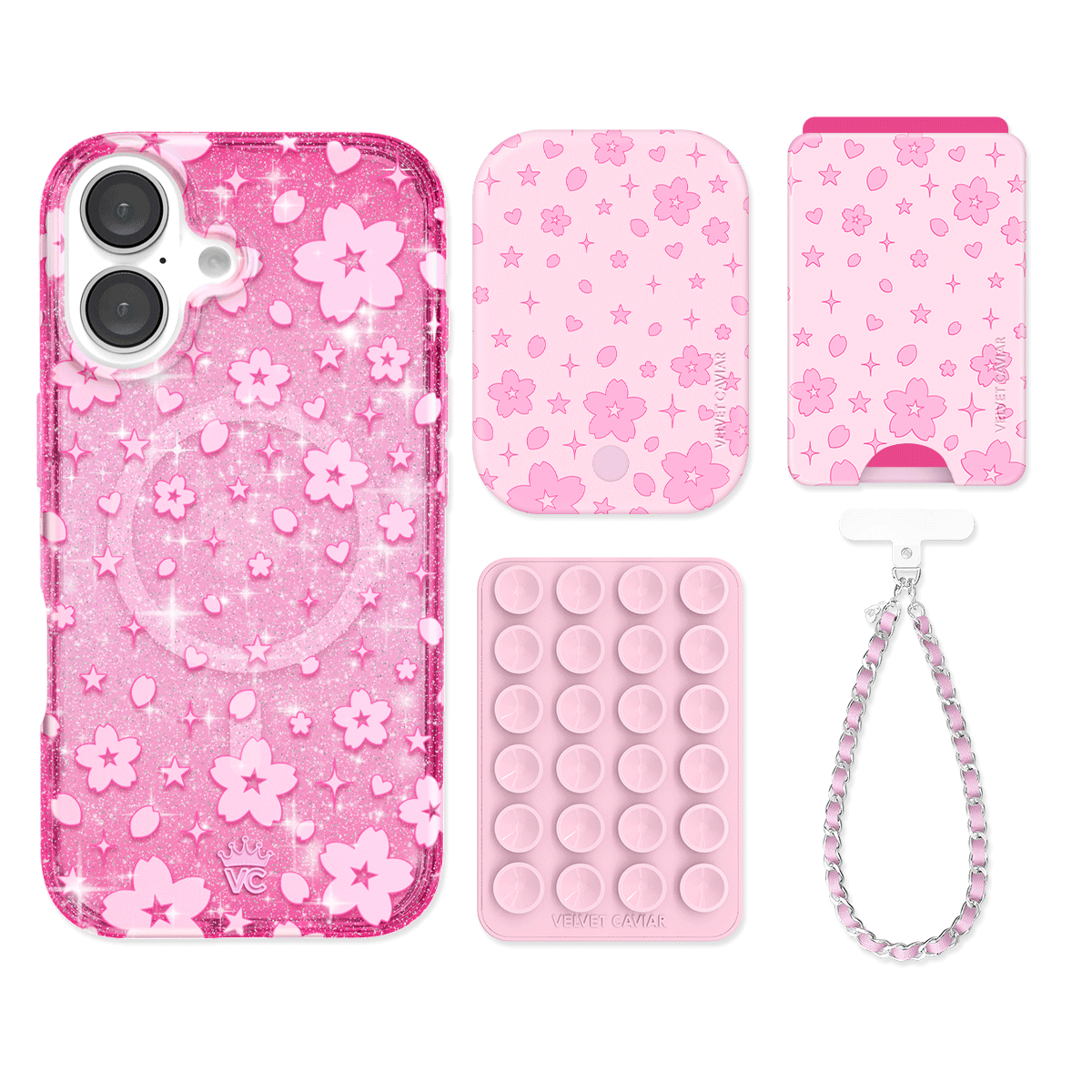 Cherry Blossom Glitter iPhone Case with Wallet - Cute Floral Phone Cover & Card Holder for Women - Perfect for Spring Outfits, Travel, and Everyday Use