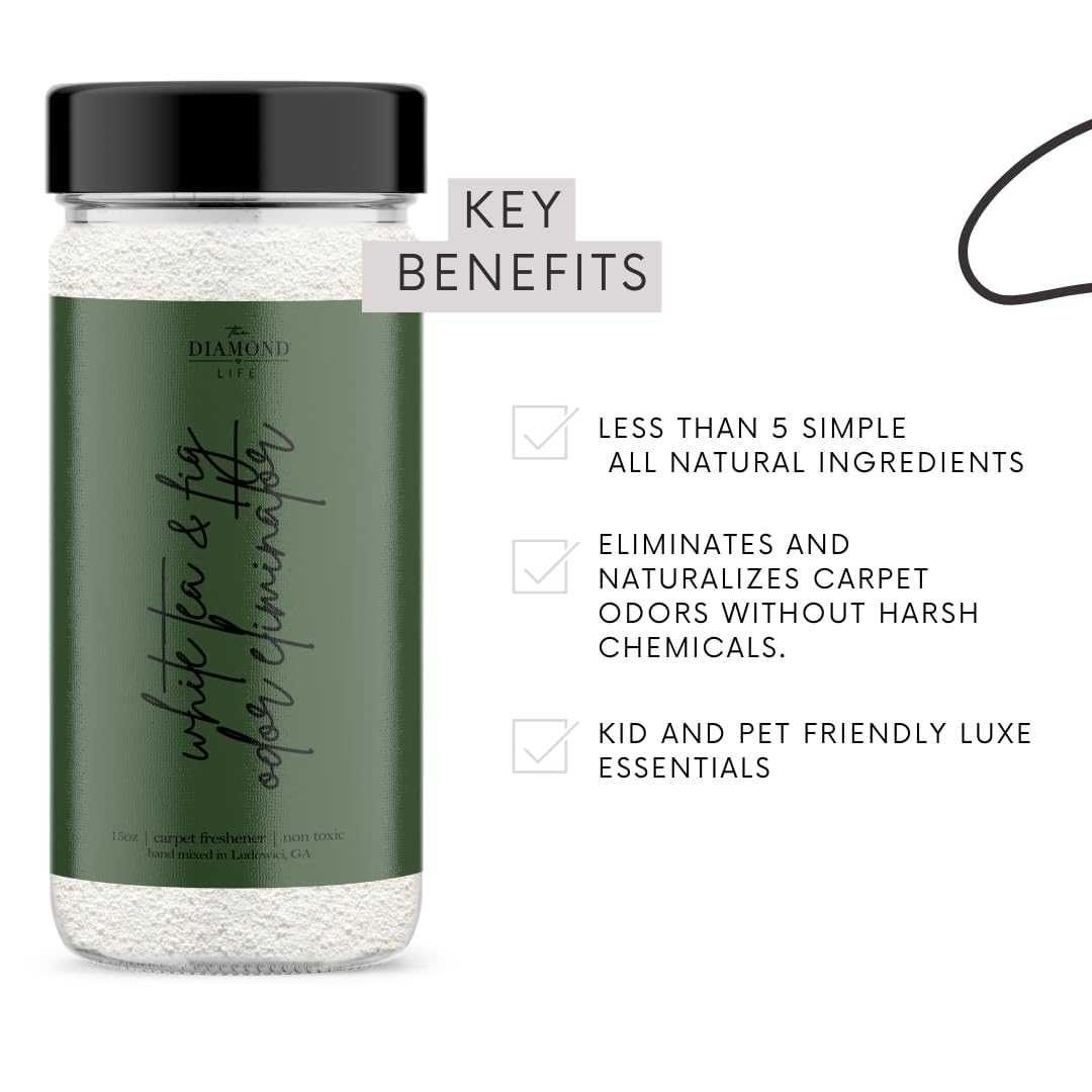 White Tea & Fig Natural Carpet Refresher Powder - Odor Eliminator for Mattress, Upholstery & Pet Beds | Safe Deodorizer for Homes with Kids & Pets | Freshens Carpets, Cat Litter & Dog Areas