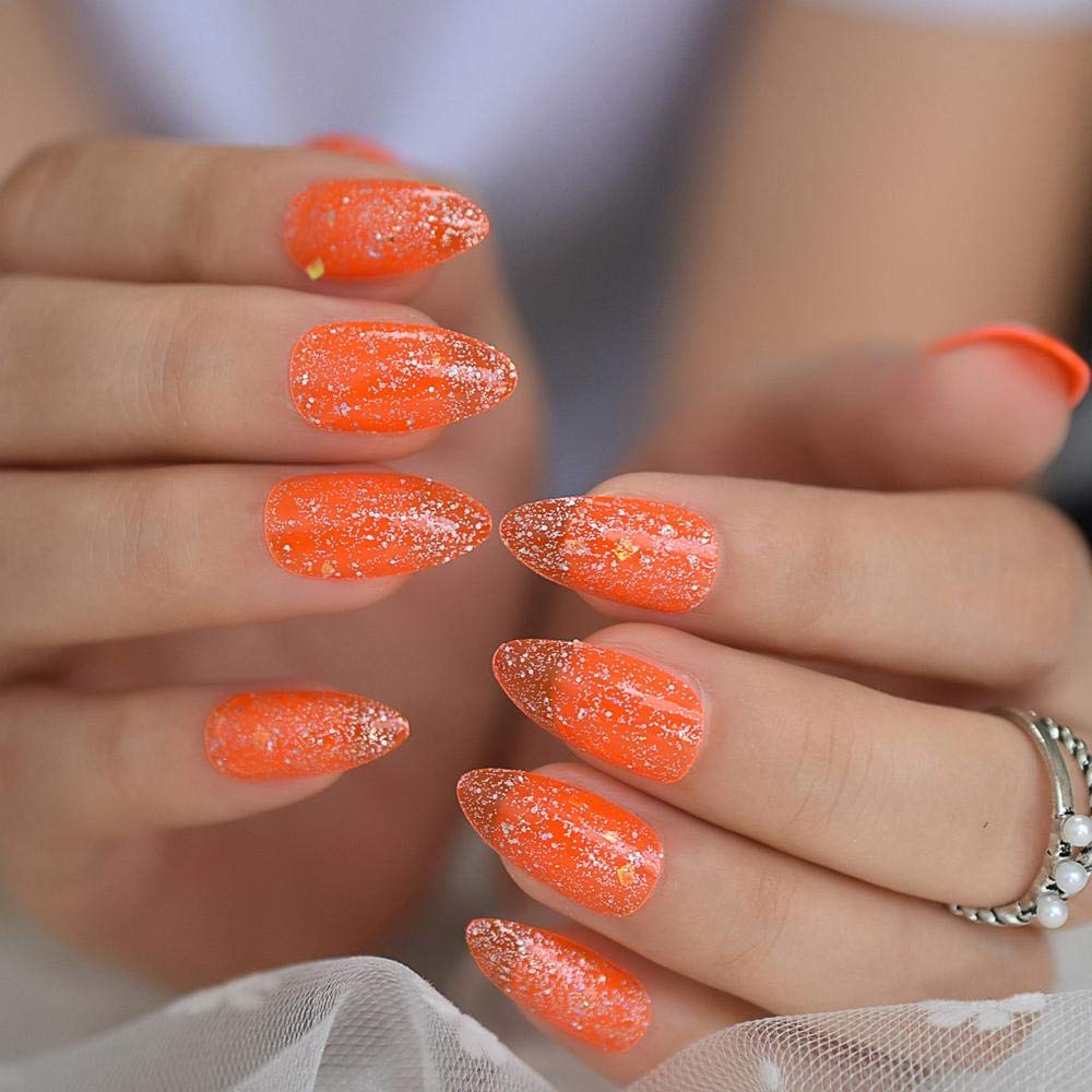 CSCH Fluorescent Orange Almond Press-On Nails - Translucent Glitter Medium Length False Nails Set with Simple Powder Design | Perfect for Parties, Halloween, and Special Occasions