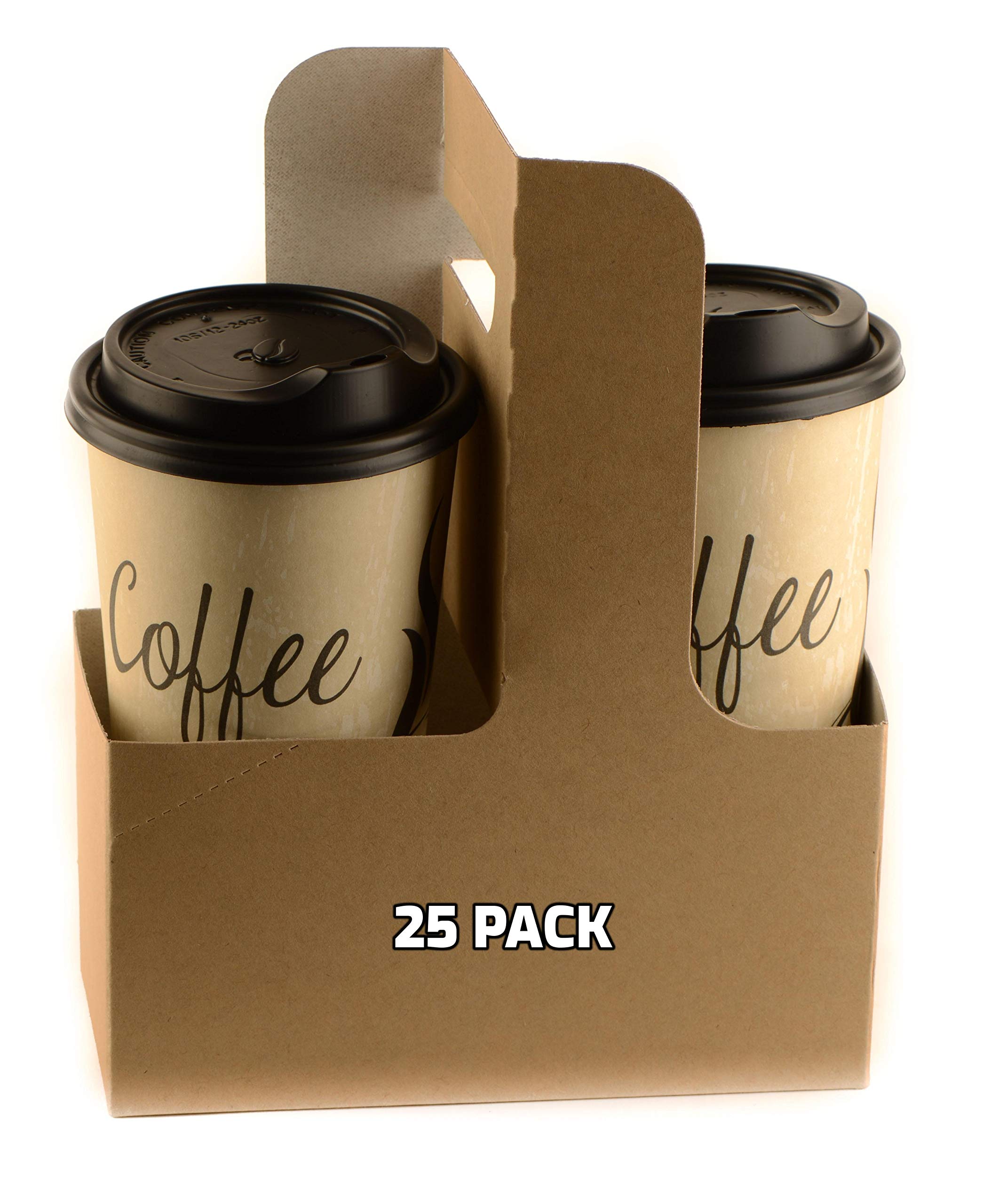 25-Pack Disposable Kraft Paper Cup Carrier with Handles - 2 or 4 Cup Holder for Hot/Cold Drinks - Eco-Friendly Drink Tray for Coffee Shops, Food Delivery & Takeout - Perfect for Starbucks, Dunkin' Donuts & Office Parties