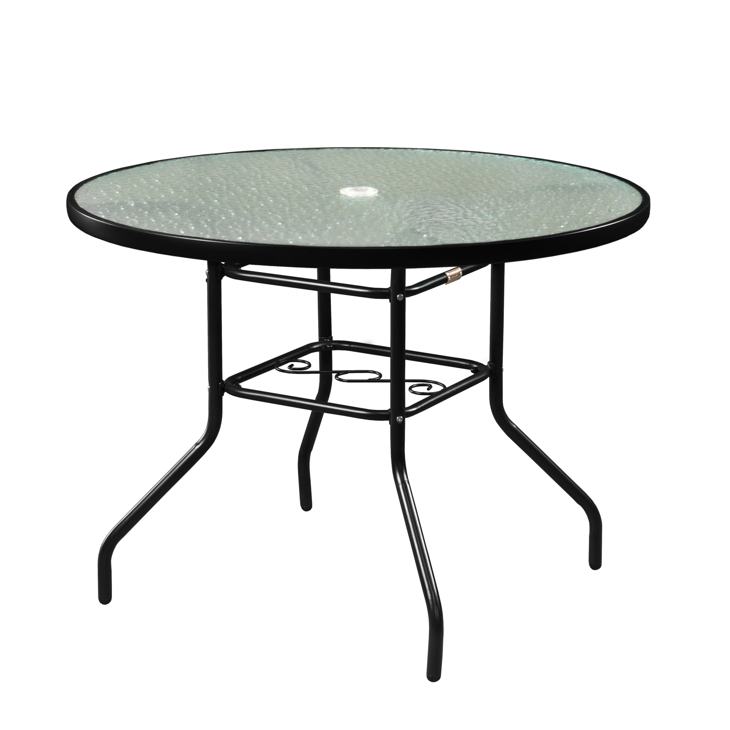 Outdoor Steel Dining Table with Round Waterwave Glass Top - 40 Inch Black Patio Furniture for Garden, Backyard, and Poolside Dining
