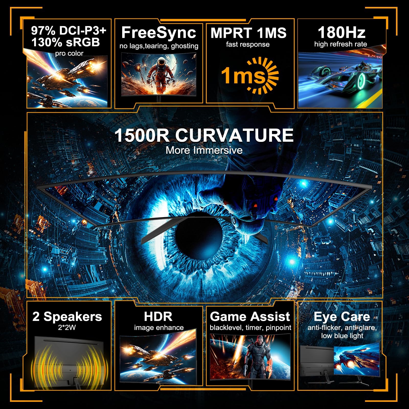 24 Inch Curved Gaming Monitor 180Hz 1ms MPRT - SANSUI FHD 1080P Computer Monitor with Built-in Speakers, FreeSync, 130% sRGB HDR, HDMI & DP Ports, VESA Mount - Perfect for Esports, Streaming & Home Office (Includes HDMI Cable)