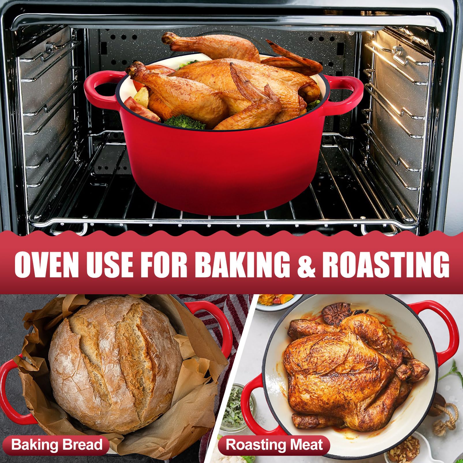 P&P CHEF Enameled Cast Iron Dutch Oven 7QT - Red Enameled Casserole Pot with Lid for Baking Bread, Roasting, Braising, Stewing, Frying & Simmering - Oven, Stovetop & Induction Safe - Easy to Clean - Perfect for Home Cooking, Camping & Outdoor Use