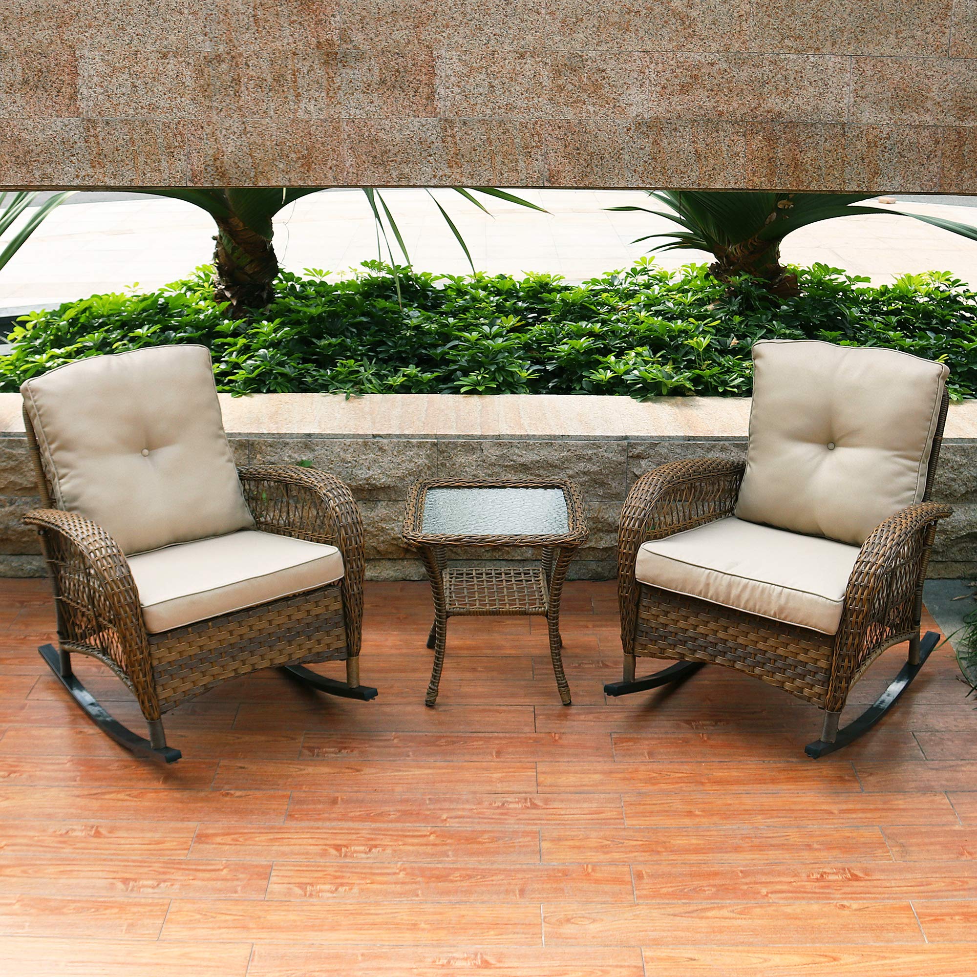 ABBLE 3-Piece Wicker Rocking Conversation Set with Cushions - Outdoor Patio Furniture, Bistro Seating Group, Light Brown Rocking Chairs for Garden, Porch & Backyard Relaxation