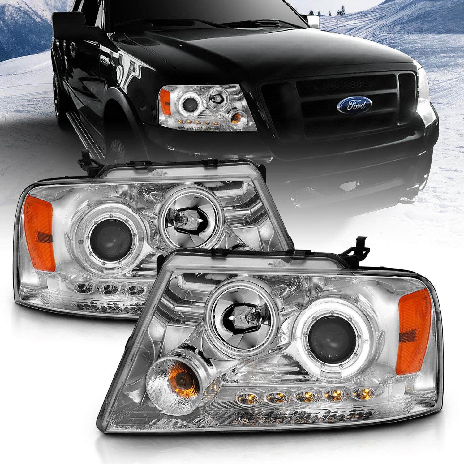 High-Performance AmeriLite Chrome LED Halo Projector Headlights for Ford F-150 - Driver & Passenger Side | Enhanced Night Visibility & Style Upgrade for Trucks