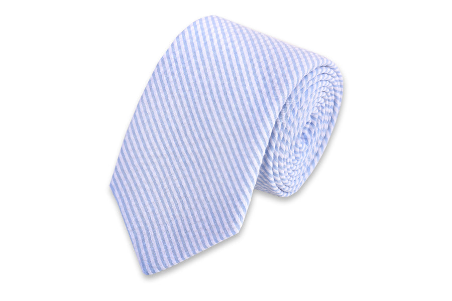 Light Blue Seersucker Stripe Necktie for Men - Classic Skinny Tie for Business, Wedding & Formal Occasions - Breathable Summer Neckwear for Office & Special Events