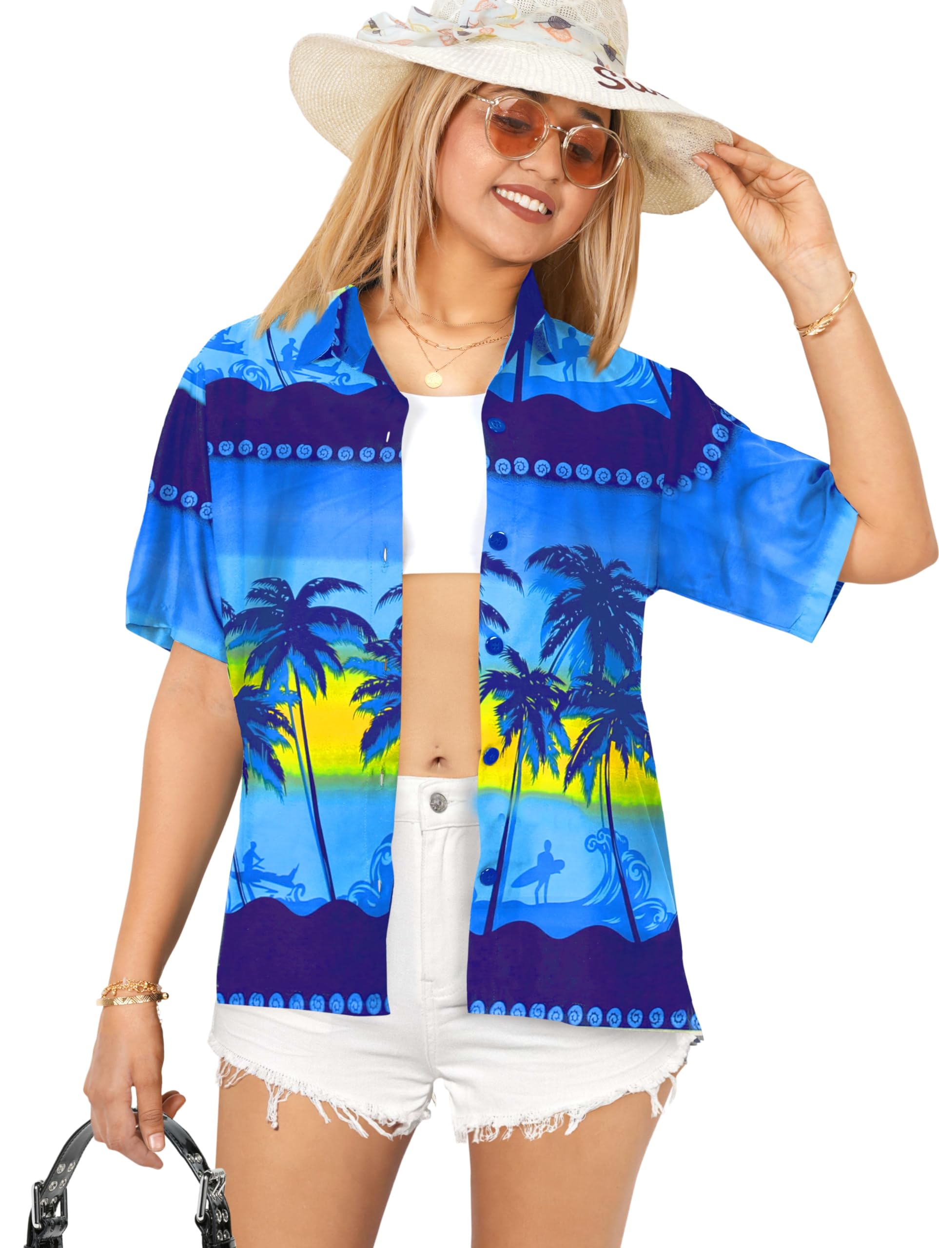 LA LEELA Women's Hawaiian Shirt - Floral Beach Short Sleeve Blouse for Summer Vacation, Pool Party & Tropical Getaway