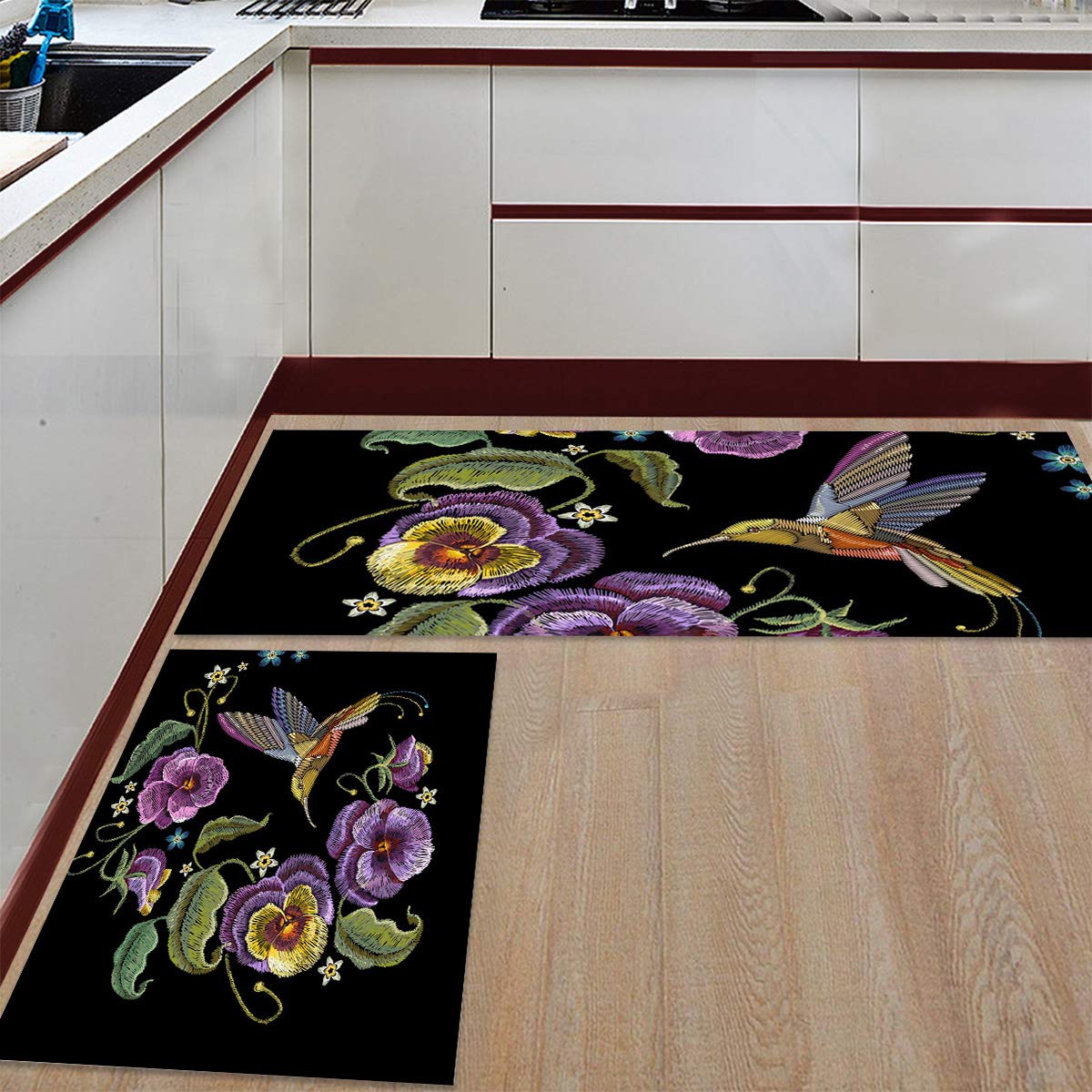 Z&L Home 2-Piece Non-Slip Kitchen Rugs Set with Rubber Backing - Hummingbird & Violet Flower Embroidery Style Washable Floor Mats for Bathroom, Bedroom, and Indoor Use - Perfect as Area Runners, Doormats, and Door Pads