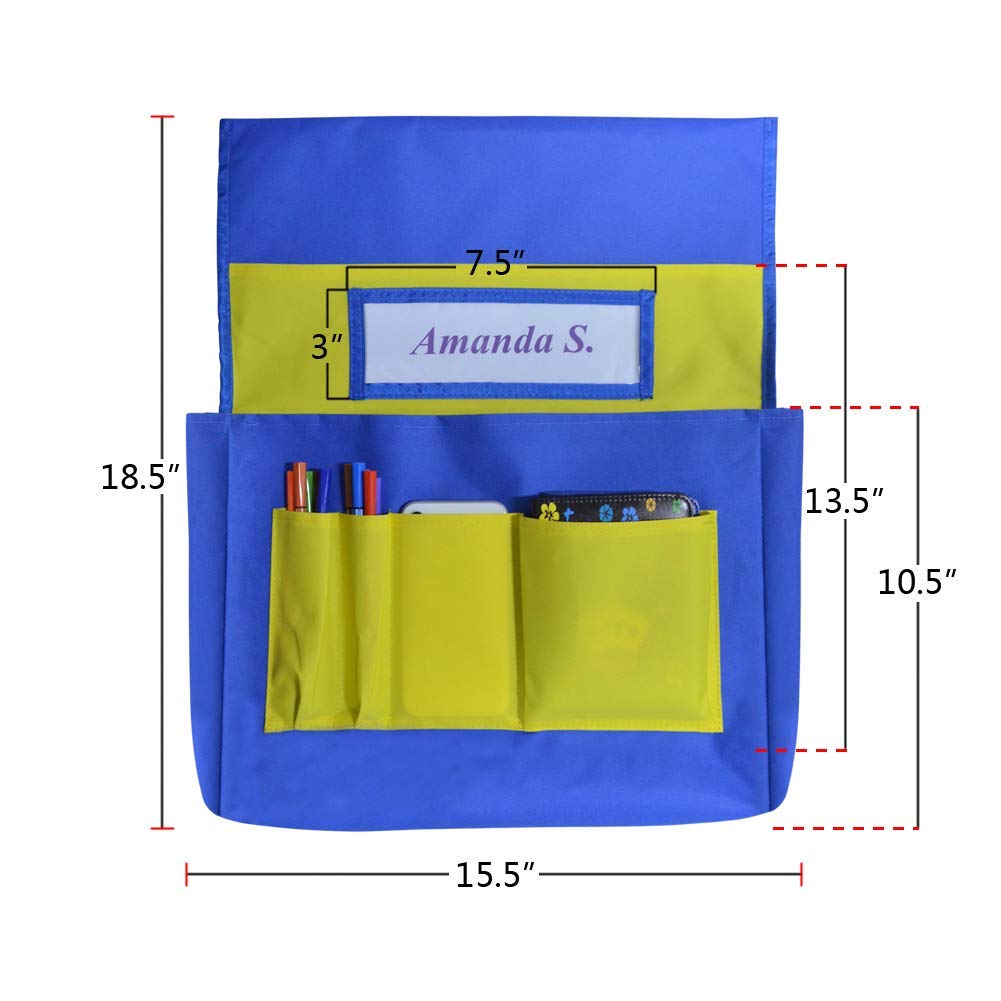 Chairback Buddy Pocket Chart - 6-Pocket Classroom Seat Organizer for Kids, School Supplies Storage | Durable Polyester Seatback Caddy for Home, Daycare & Classroom Use (Yellow + Blue) | Perfect for Books, Pencils & Art Supplies