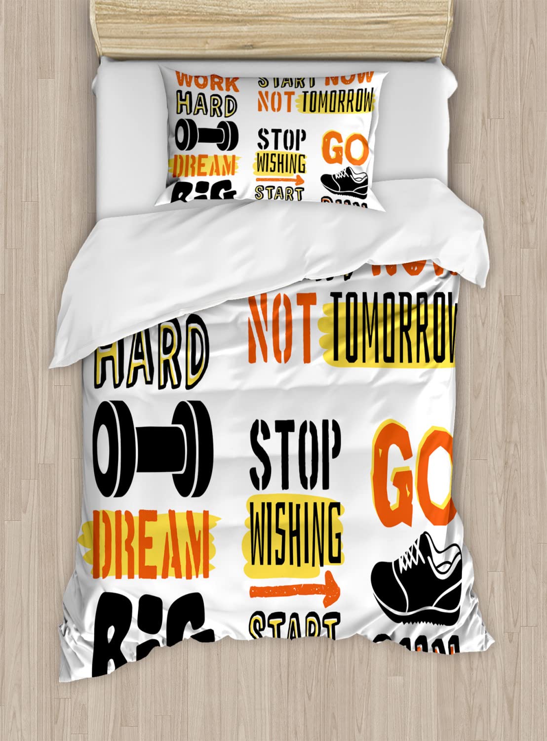 Ambesonne Fitness Duvet Cover Set - Sports Motivation Typography with Sneakers Design, 2-Pack Twin Size Bedding (2 Duvet Covers + 2 Pillowcases) in Orange Yellow Black - Perfect for Gym Enthusiasts & Athletes Bedroom Decor