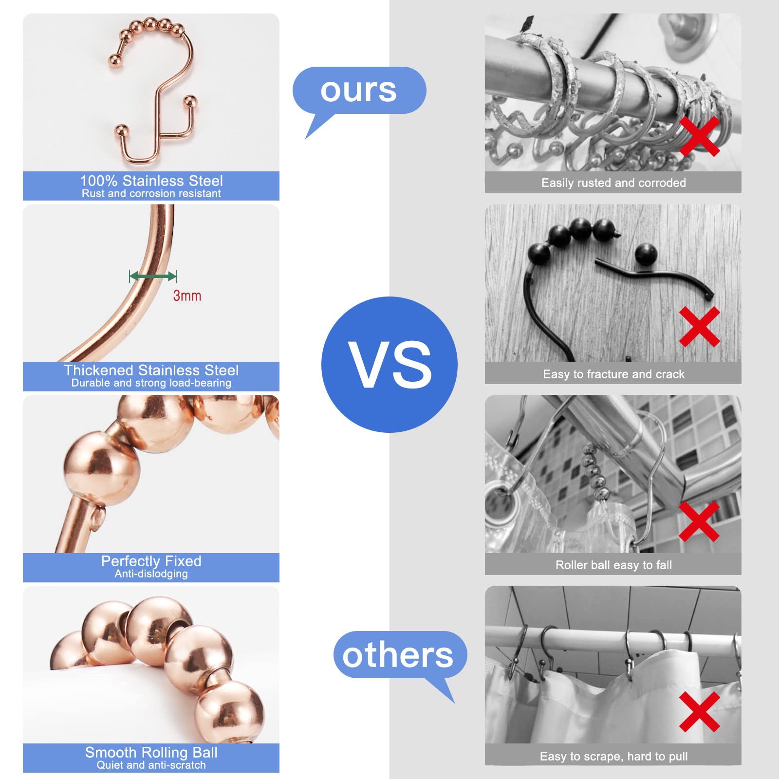 SUTINE 12-Pack Rose Gold Shower Curtain Rings - Rust-Resistant Stainless Steel Hooks with Smooth Sliding Design for Double Shower Curtains & Liners | Perfect for Bathroom, Hotel, and Dorm Decor
