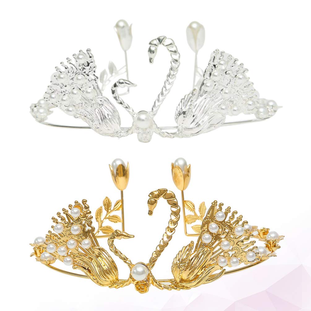 2PCS Rhinestone Tiara Swan Cupcake Toppers - Crystal Wedding Cake Decorations for Engagement, Anniversary & Birthday Parties - Elegant Pearl & Gold Trim Bride Princess Accessories (Perfect for Wedding Cakes, Bridal Showers, Birthday Celebrations & Special Events)