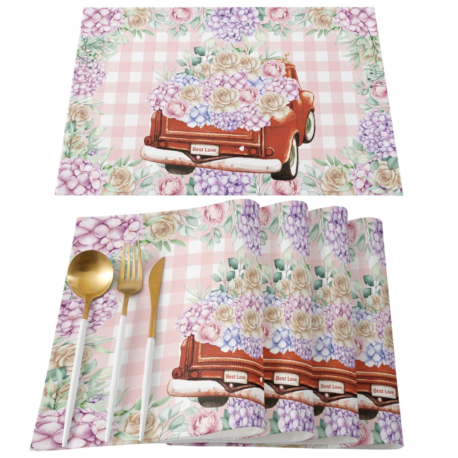 Farm Truck & Floral Watercolor Washable Non-Slip Placemats Set of 4 - Spring Pink Gingham Check Table Mats for Kitchen, Dining, Wedding & Party Decor - Perfect for Farmhouse, Rustic & Spring-Themed Gatherings