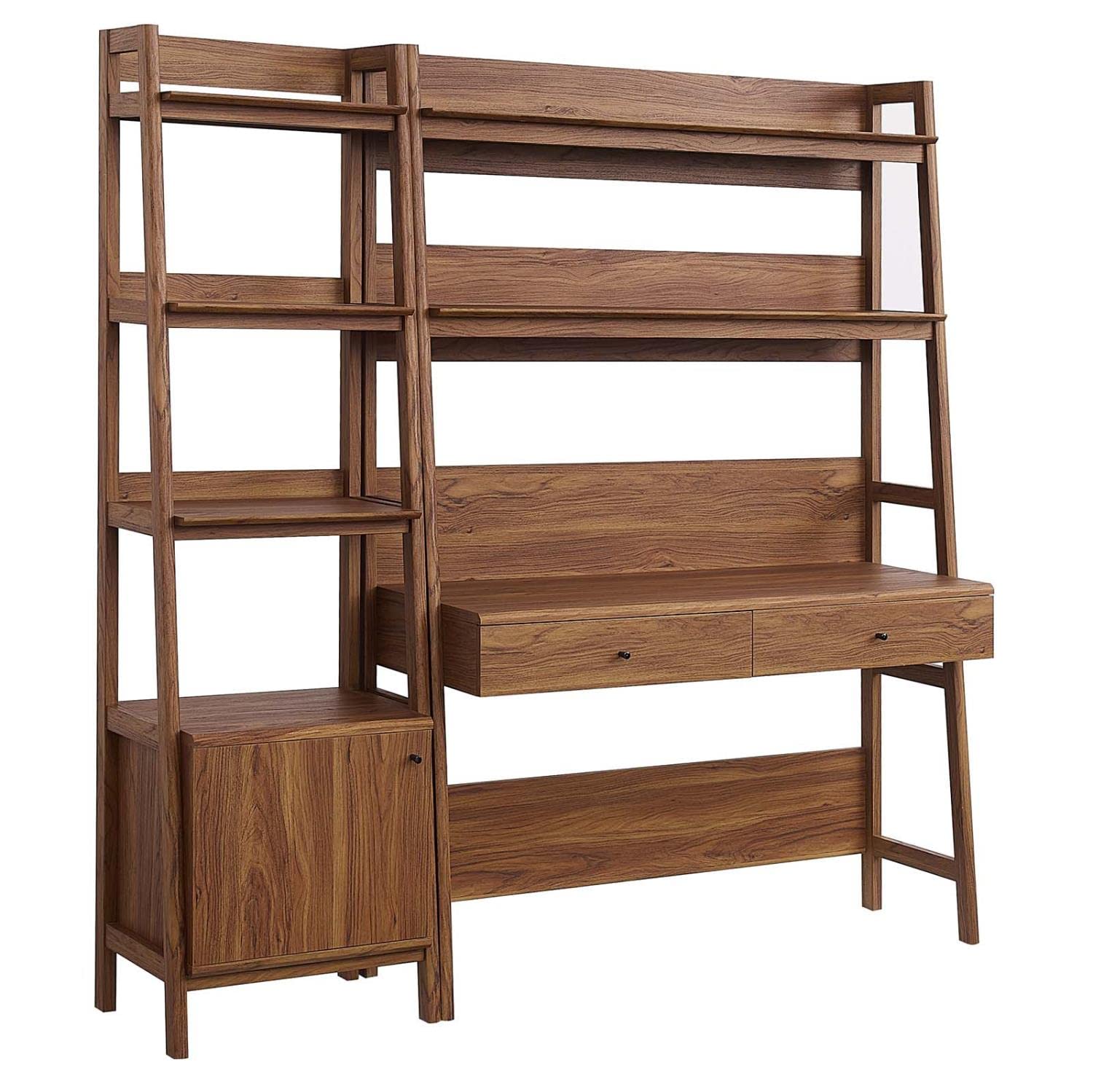 Modway 2-Piece Walnut Home Office Desk with Bookshelf Display Case - Perfect for Small Spaces, Work from Home & Study Room Organization