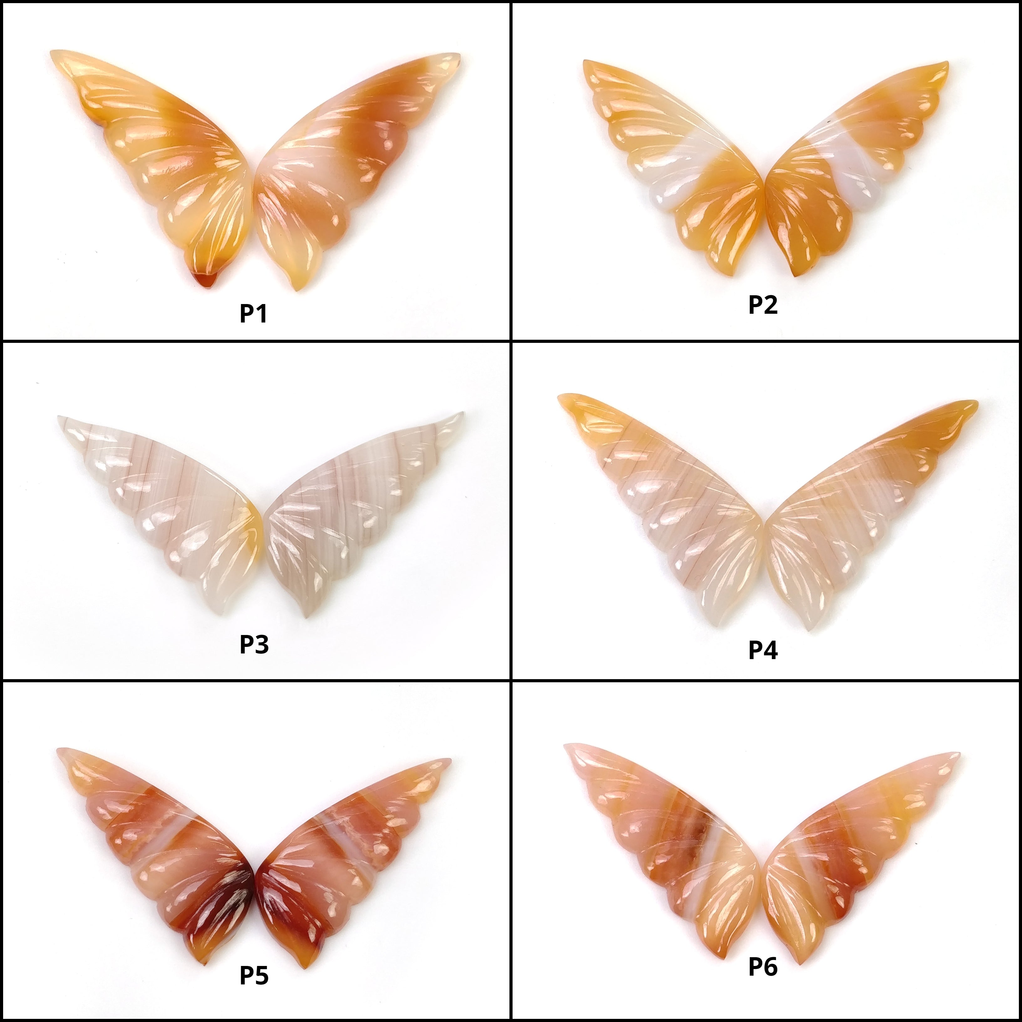 Natural Untreated Botswana Striped Agate Gemstone Hand-Carved Butterfly Pair (29x12mm & 31x12mm) - Bi-Color Healing Crystal for Jewelry Making, Meditation & Home Decor