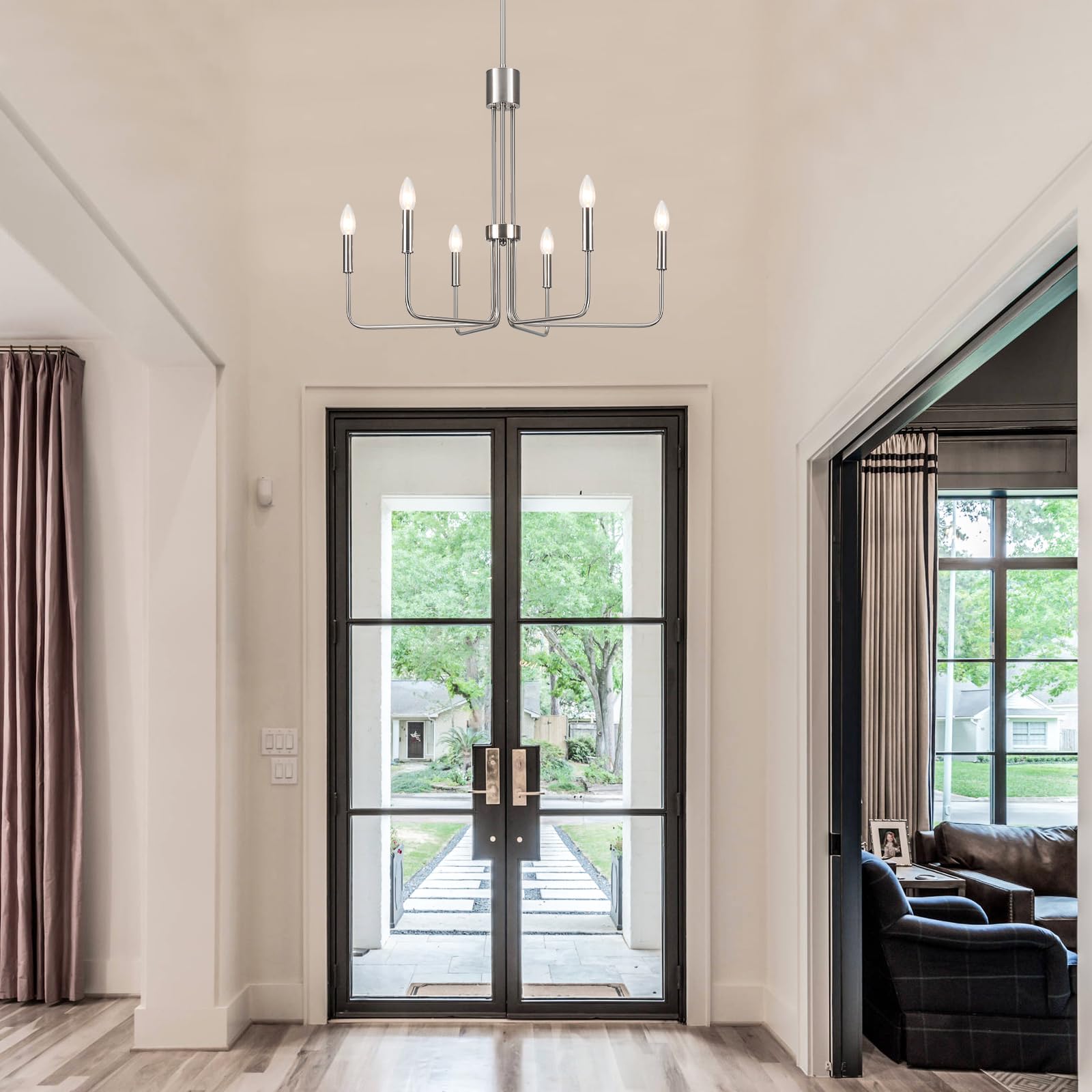 6-Light Brushed Nickel Chandelier - Modern Farmhouse Dining Room Lighting Fixture for Kitchen, Living Room & Entryway | Elegant Ceiling Light for Home Decor, Wedding & Restaurant