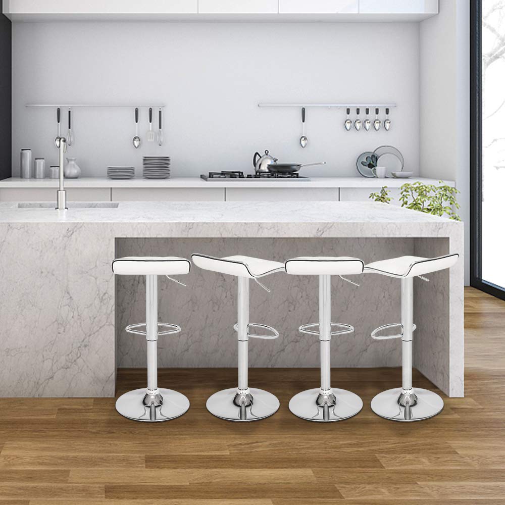 Modern PU Leather Swivel Adjustable Hydraulic Bar Stools Set of 2 - Square Board Curved Foot Design in Cotton Linen Fabric (White) for Kitchen Island, Home Bar & Dining Counter