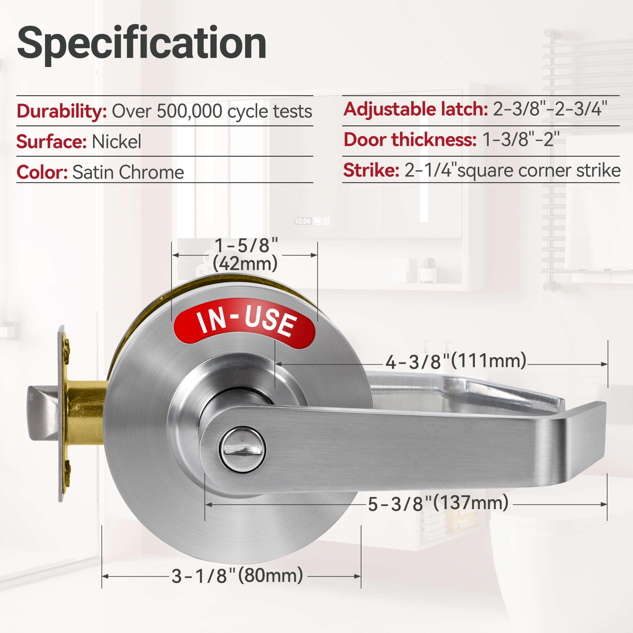 Commercial Grade Privacy Indicator Lever Lock - Satin Chrome Occupied/Vacant Bathroom Door Handle for Public Restrooms, Offices, Hospitals, Gyms & Warehouses | Durable & Secure Restroom Lock Solution