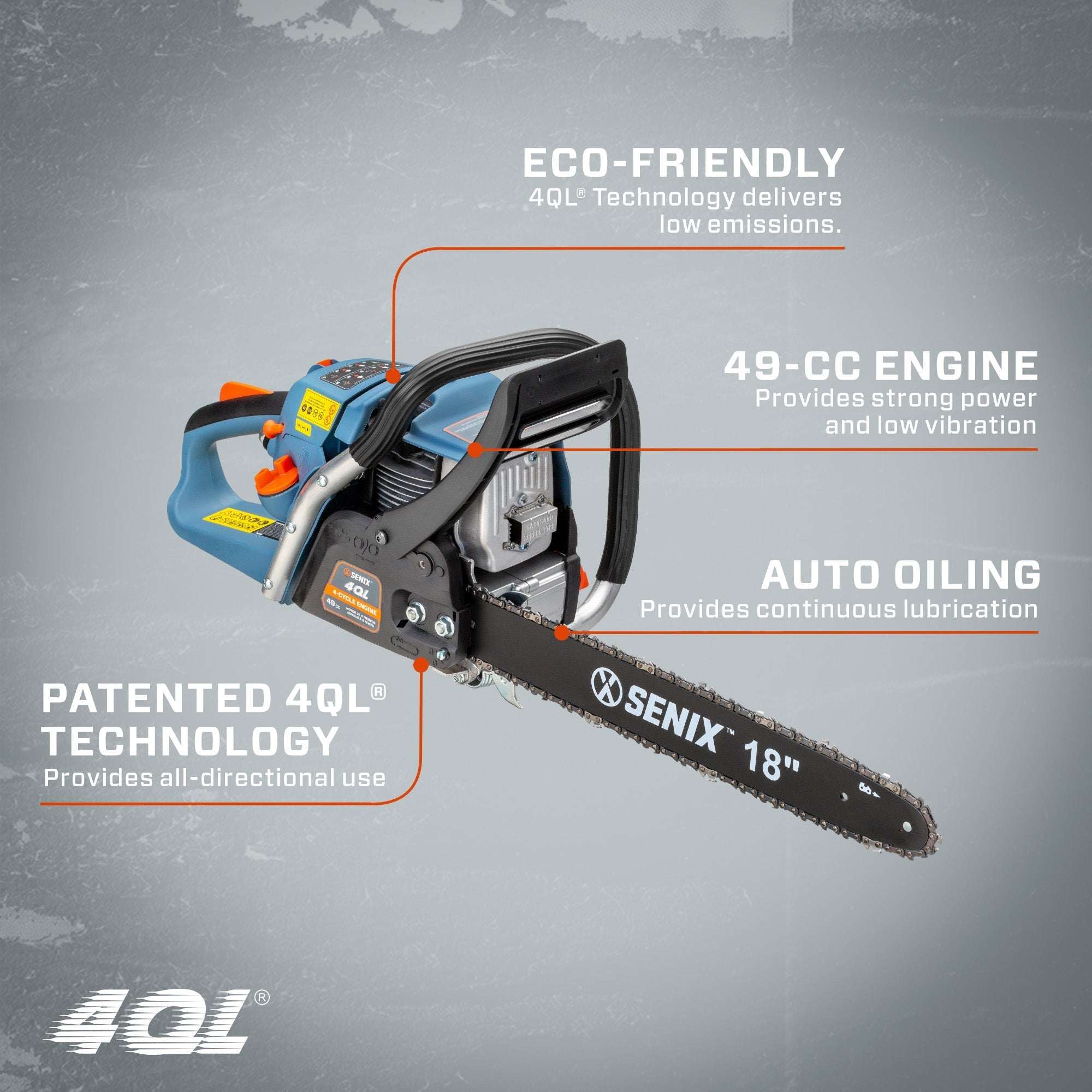 4QL® 49cc 4-Cycle 18-Inch Gas Chainsaw with Oregon Bar & Chain - Professional Wood Cutting for Tree Trimming, Firewood & Landscaping