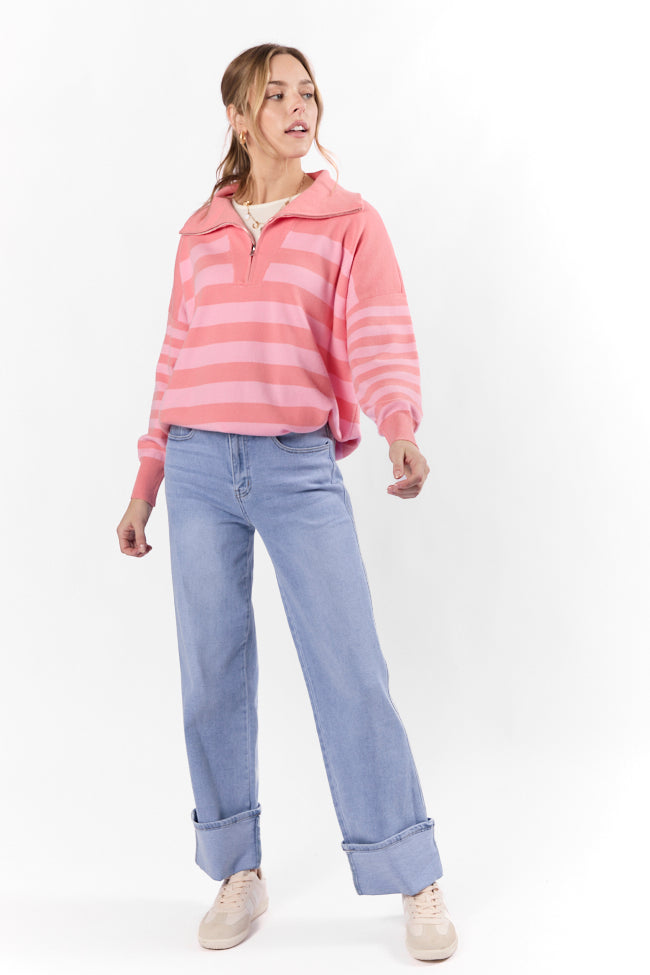 Coral Multi-Stripe Quarter Zip Pullover for Women | Soft & Stylish Pullover Sweater | Perfect for Casual Outings & Layering