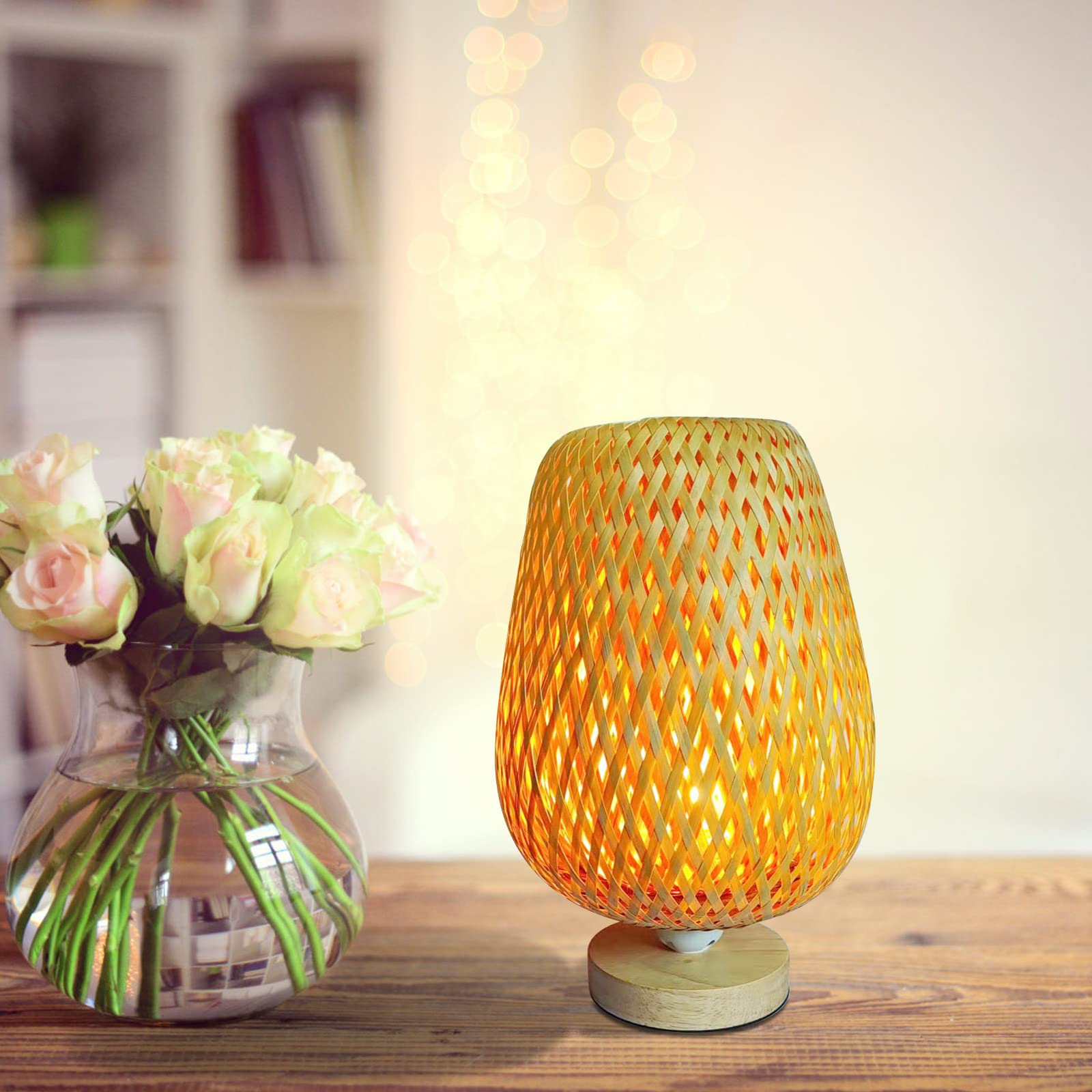 Vintage Bamboo Woven Table Lamp with Handcrafted Wood Base - Natural Eco-Friendly Desk Light for Reading, Study & Bedroom Decor | Eye-Protecting Warm Lighting Ideal for Home Office, Living Room & Gift Giving