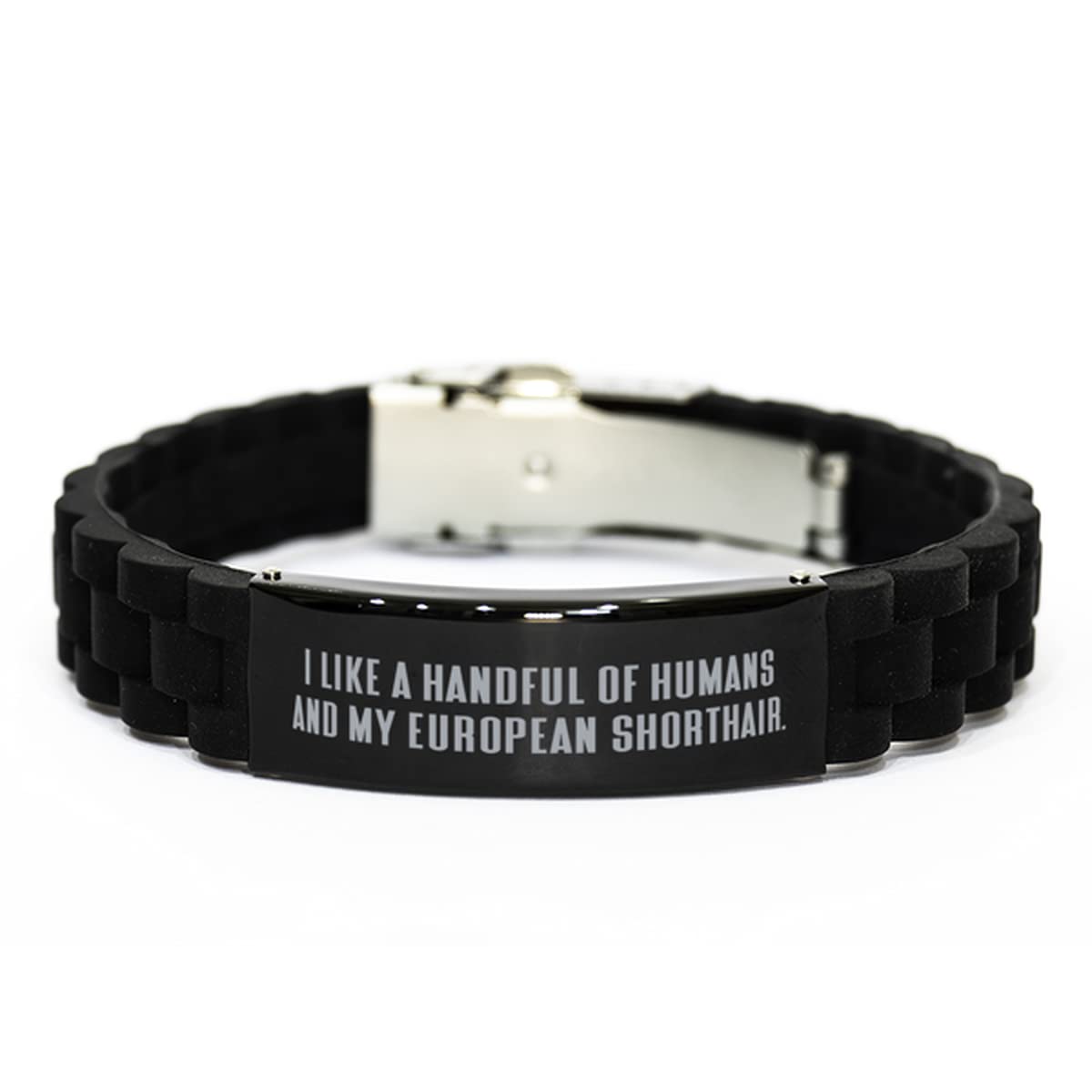 Best European Shorthair Cat Gifts for Cat Lovers - Engraved 'I Like a Handful of Humans' Black Glidelock Clasp Bracelet | Perfect Holiday, Birthday & Anniversary Present for Pet Owners