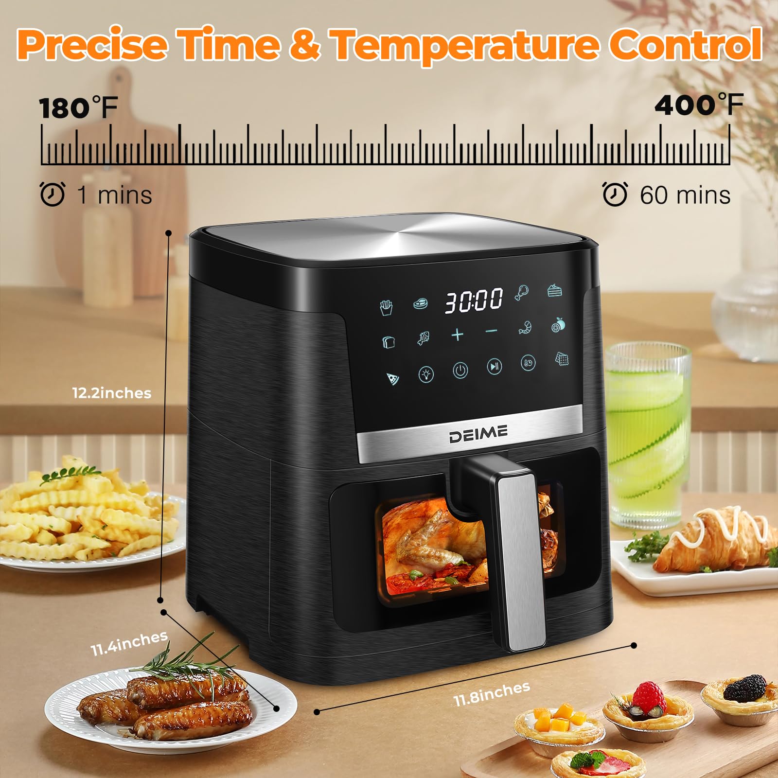 DEIME 7.5 QT 1700W Large Air Fryer - Oil Free Healthy Cooker with 12 Presets, LCD Touch Screen, Visible Window & Non-Stick Basket - Perfect for Family Meals, Quick Snacks & Healthy Cooking (Black)