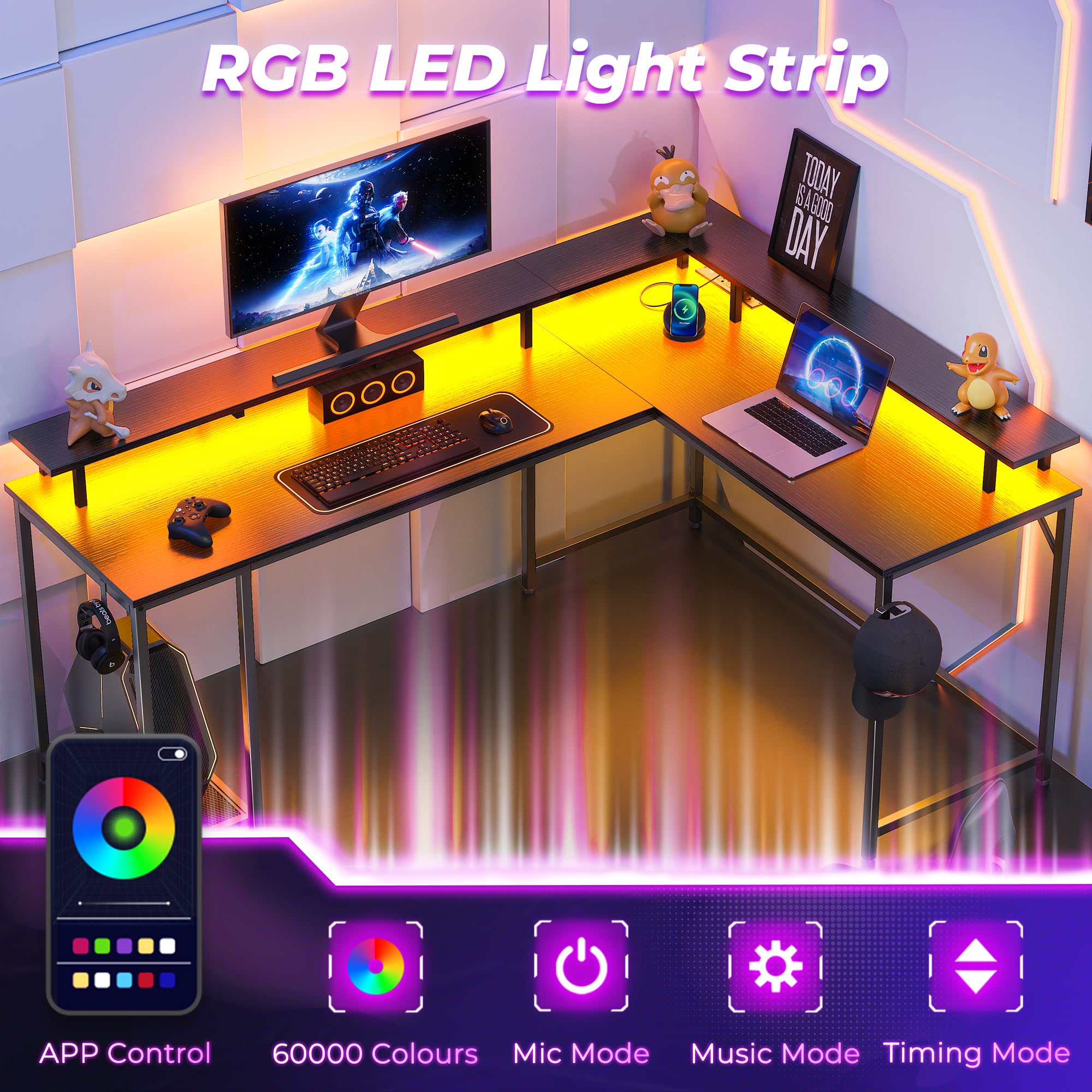 SUPERJARE 66 Inch L-Shaped Gaming Desk with Power Outlets, LED Lights & Monitor Stand - Ergonomic Computer Desk with Storage Shelf & Hooks for Home Office, Streaming Setup & Gaming Station (Black)