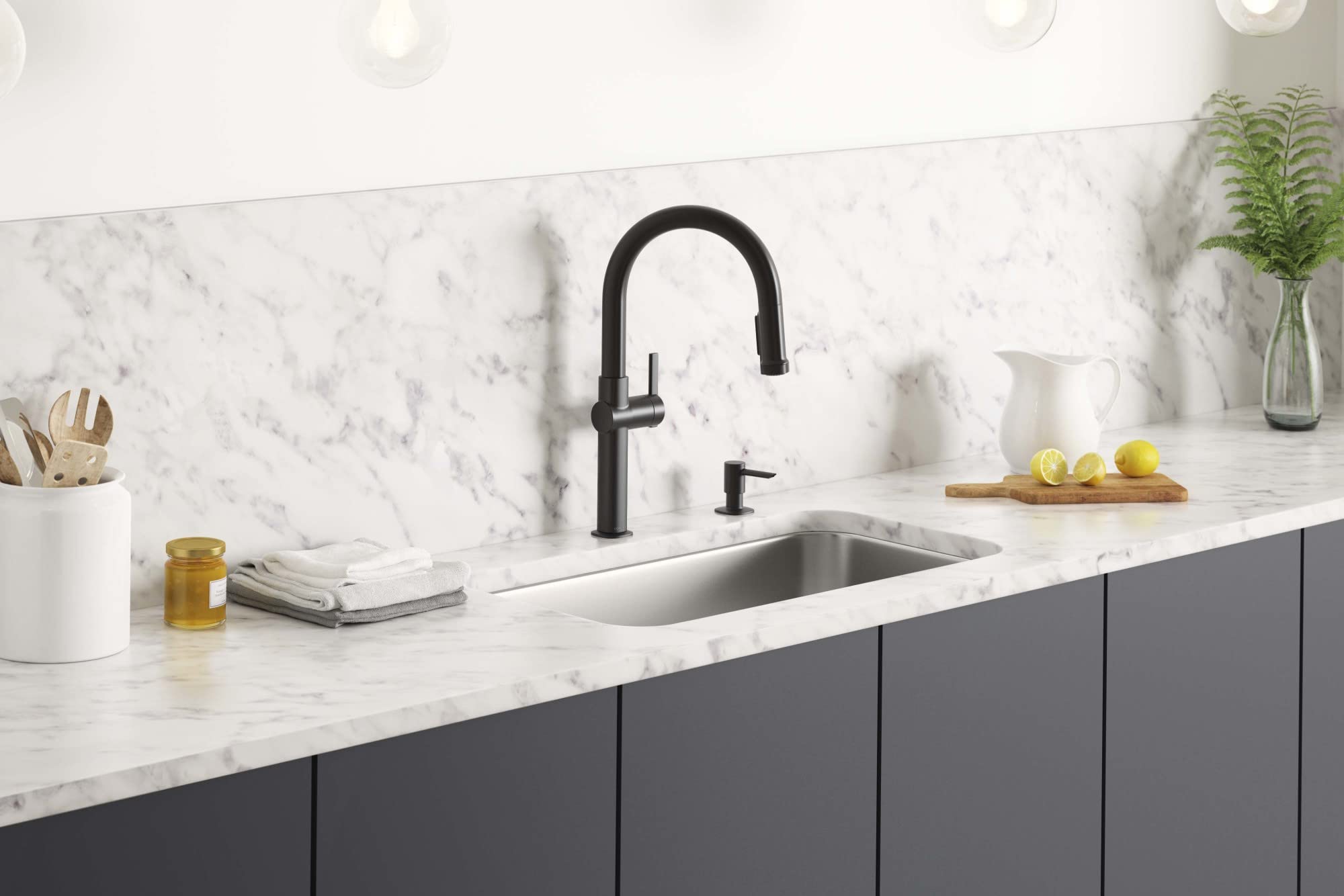 Kohler R22153-SD-BL Rune Single Handle Pull Down Sprayer Kitchen Faucet with Soap Dispenser, Matte Black - Modern Water Saving Design for Home & Restaurant Use