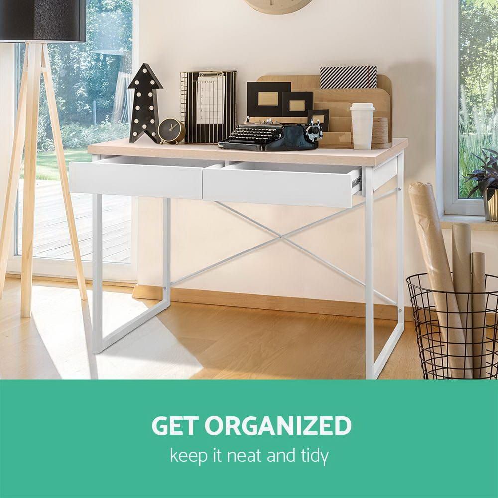 White Metal Desk with Wooden Top and Drawer - Modern Home Office Furniture for Small Spaces, Study & Workstation Setup
