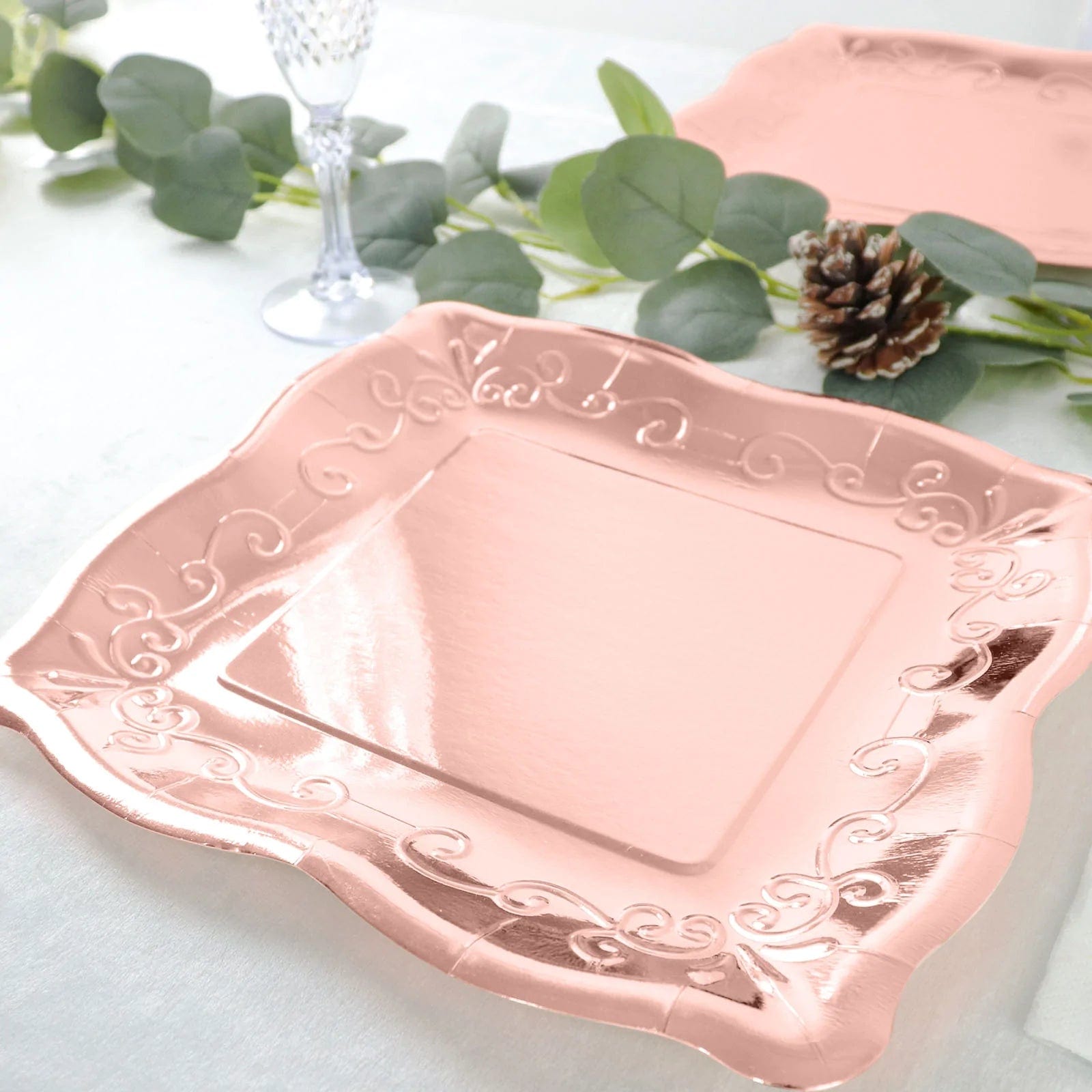 25 Pack Square Disposable Dessert Plates with Elegant Scroll Design - Perfect for Parties, Weddings, and Dinner Events