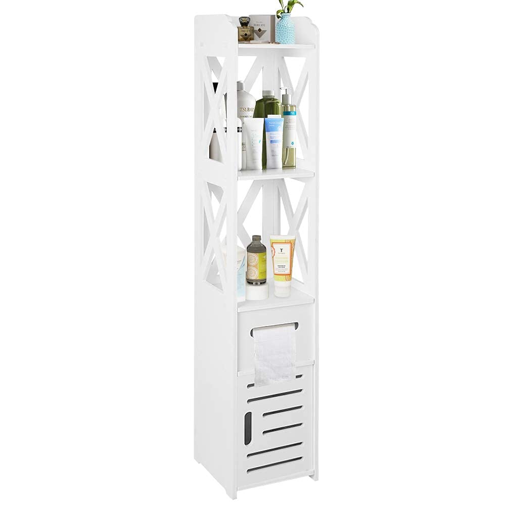 Tall Bathroom Cabinet - White Floor Standing Storage Organizer with Slim Shelf for Toilet & Bathroom Accessories | Durable Bathroom Furniture for Small Spaces & Modern Homes