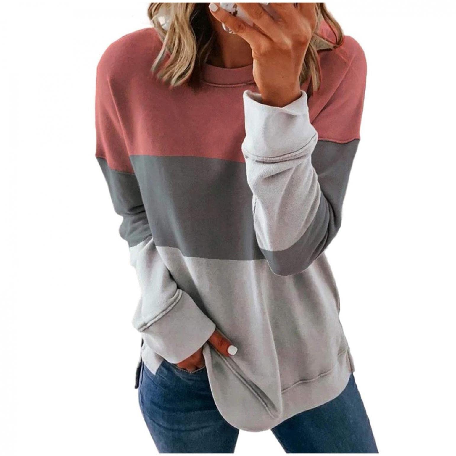 GUOBIOZIY Women's Casual Long Sleeve Crewneck Striped Color Block Sweatshirt Blouse - Comfortable Fall & Winter Tops for Work, Travel and Daily Wear