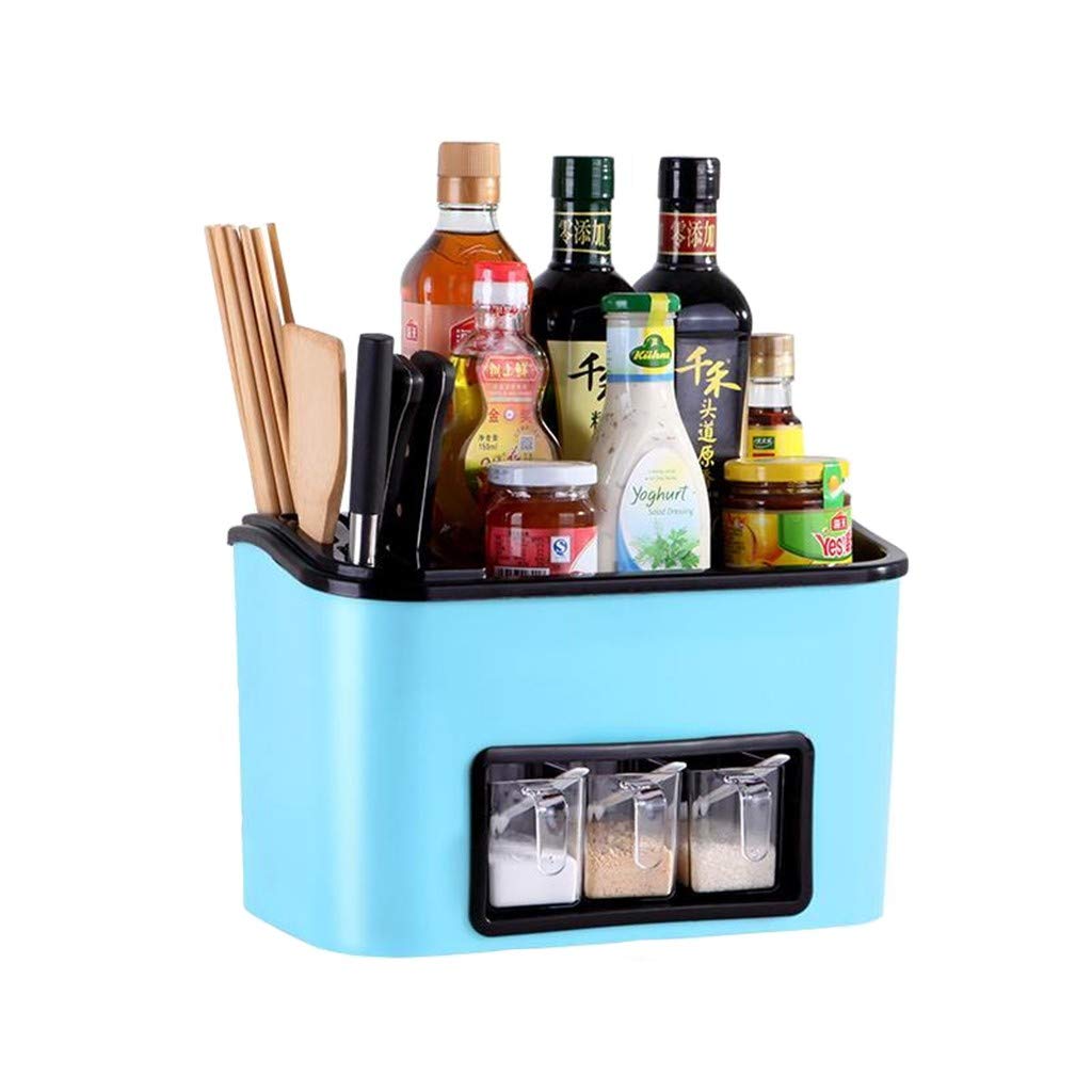 HFGHGDF 3-Tier Multifunctional Kitchen Storage Rack with 3 Spice Jars - Organize Chopsticks, Forks, Spoons & Kitchen Utensils - Space-Saving Blue Kitchen Organizer for Countertop, Pantry & Dining Room Storage