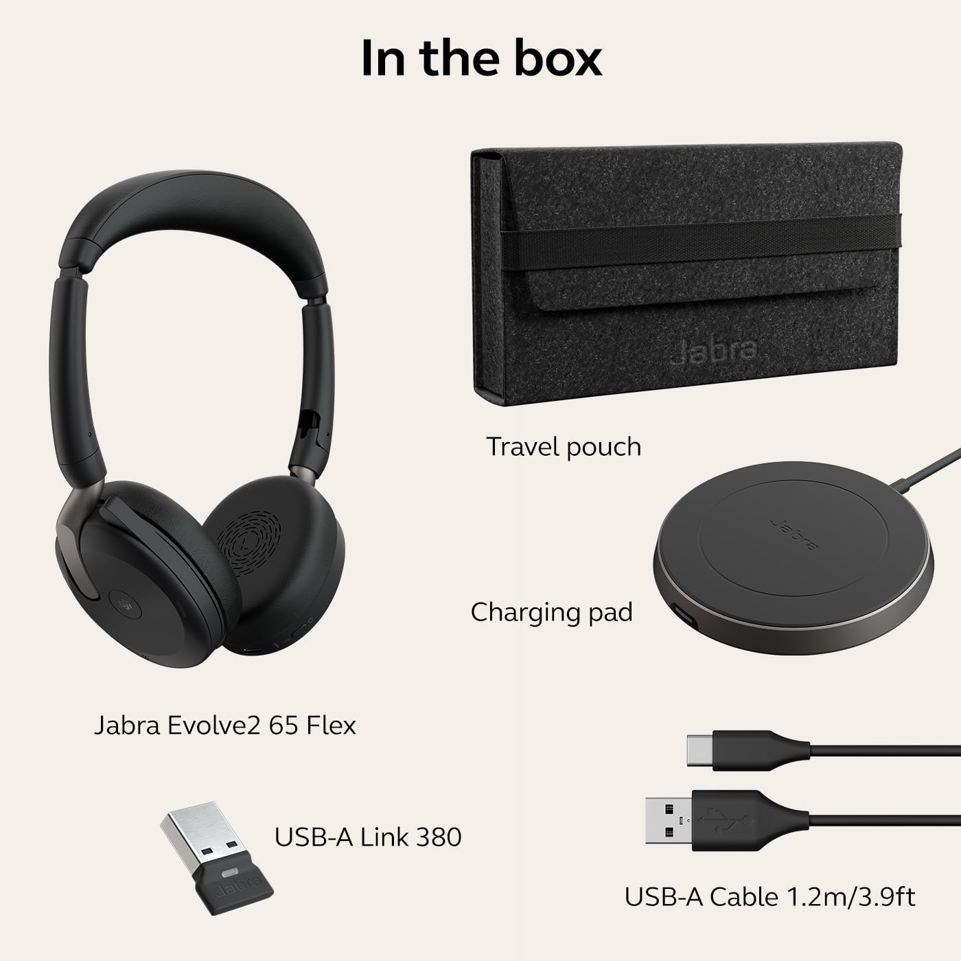 Jabra Evolve2 65 Flex Stereo Bluetooth Headset with Wireless Charging Pad - Noise Cancelling ClearVoice & Hybrid ANC - Microsoft Teams Certified - Black - Perfect for Remote Work, Online Meetings & Office Calls