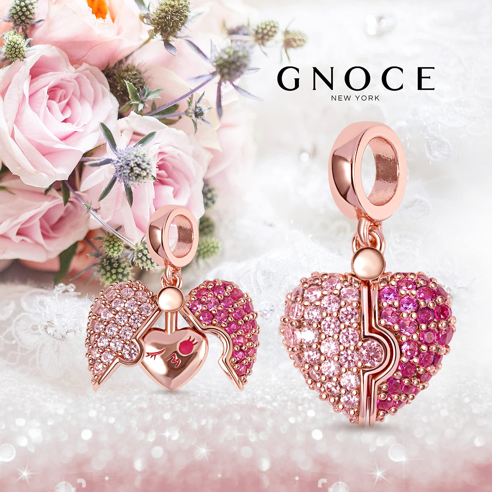 GNOCE 925 Sterling Silver Rose Gold Open Heart Key Pendant Charm Set for Women - Valentine's Day Gift for Her, Bracelet & Necklace Jewelry - Perfect for Anniversaries, Birthdays & Romantic Occasions