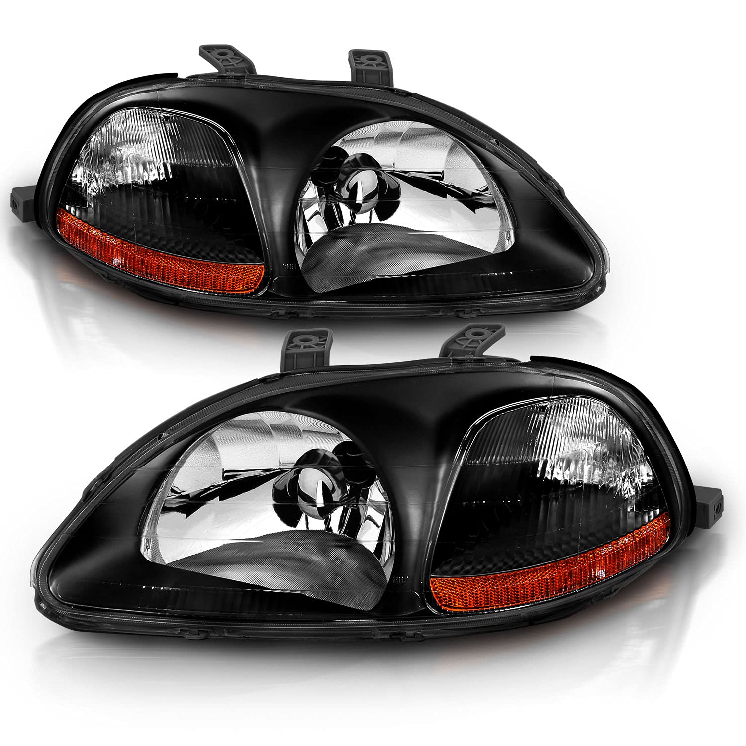 AmeriLite Black Replacement Headlights Set for 96-98 Honda Civic - Left & Right Side Headlamps - Improve Night Driving Safety & Style