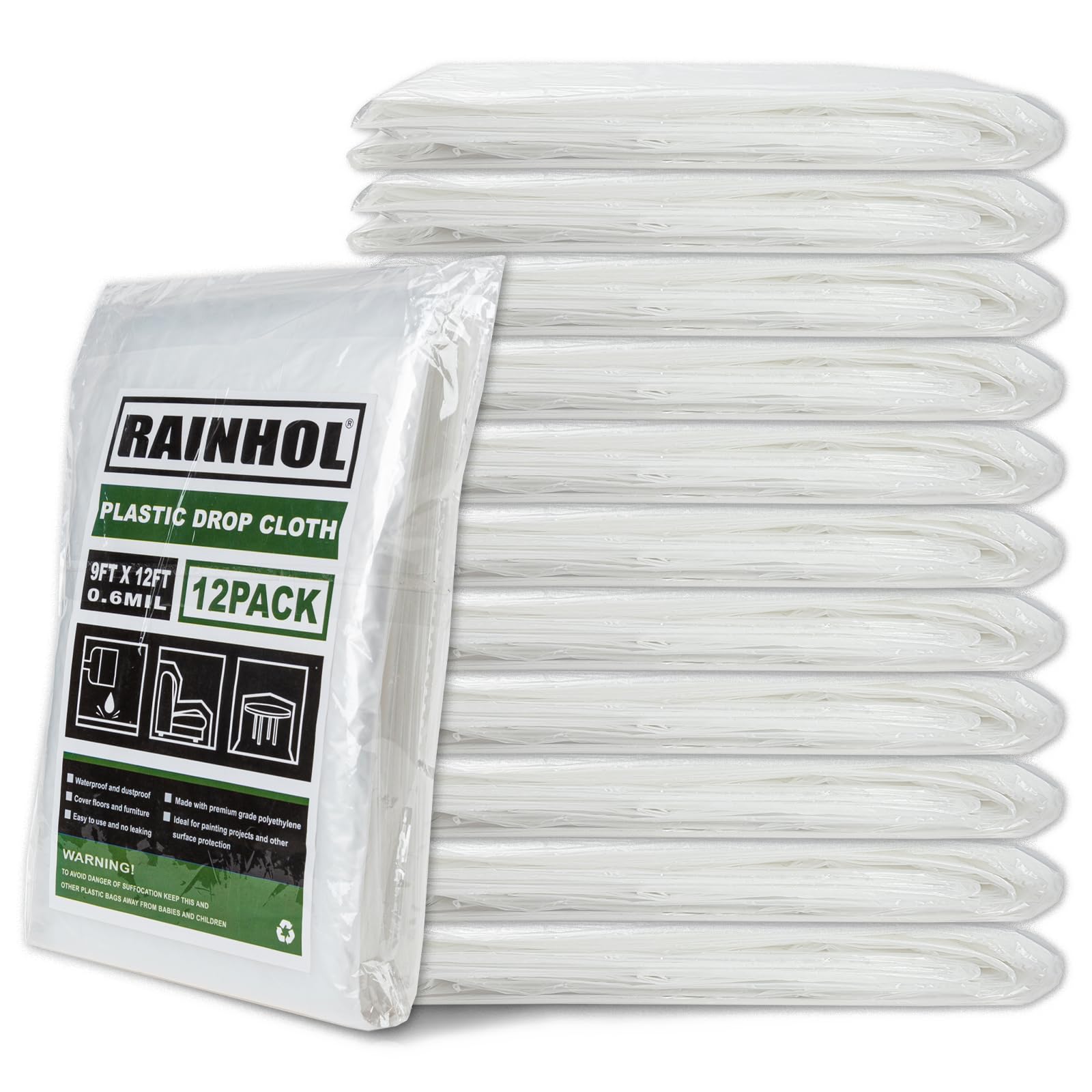 12-Pack Clear Plastic Drop Cloths 9x12 Ft - Disposable Painting Tarps, Dust-Proof Furniture Covers, Heavy-Duty Plastic Sheeting for Home Renovation, DIY Projects & Floor Protection