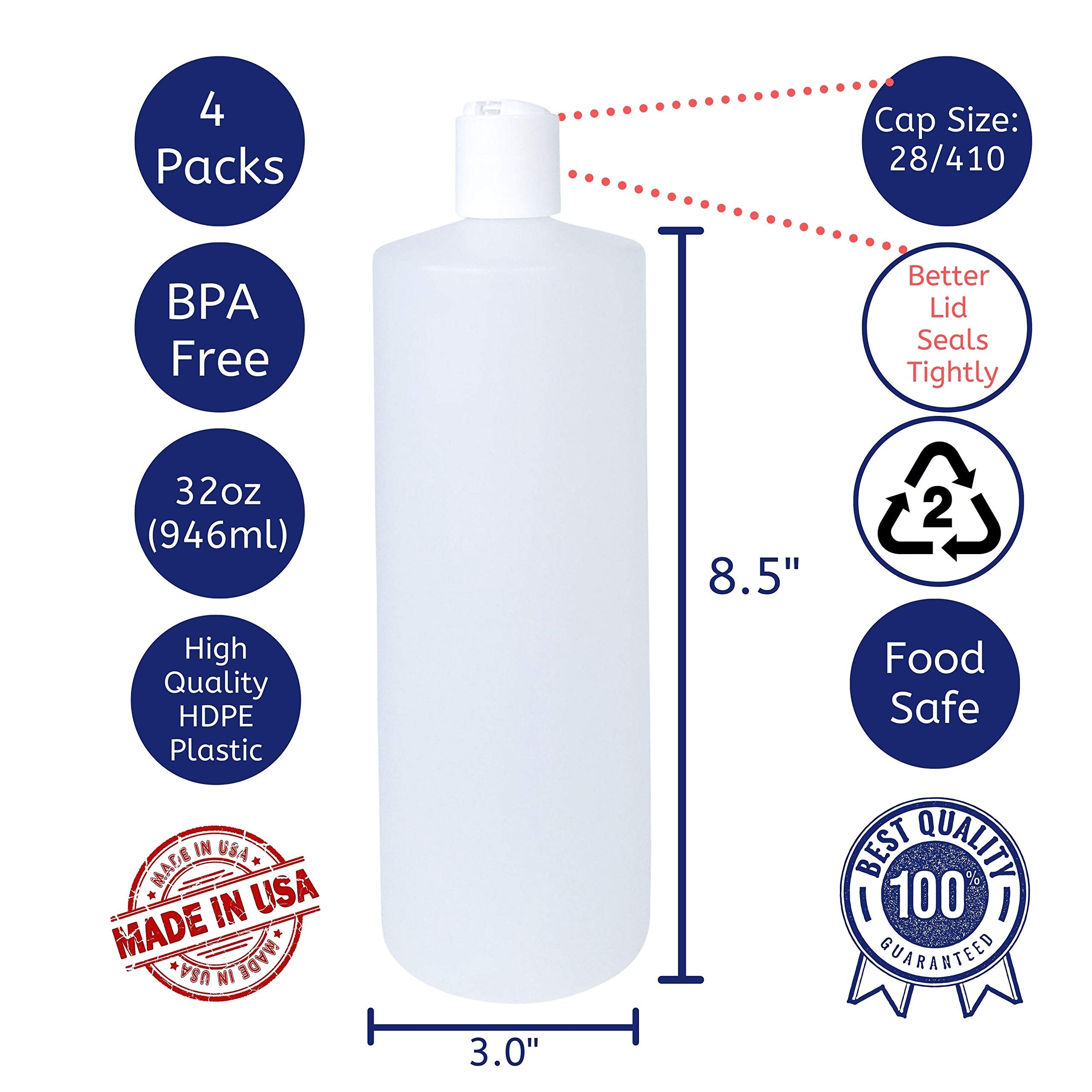 32oz HDPE Plastic Squeeze Bottles with Dispensing Press Disc Top Caps - Durable Leak-Proof Containers for Kitchen, Restaurant, Hair Salon & DIY Crafts
