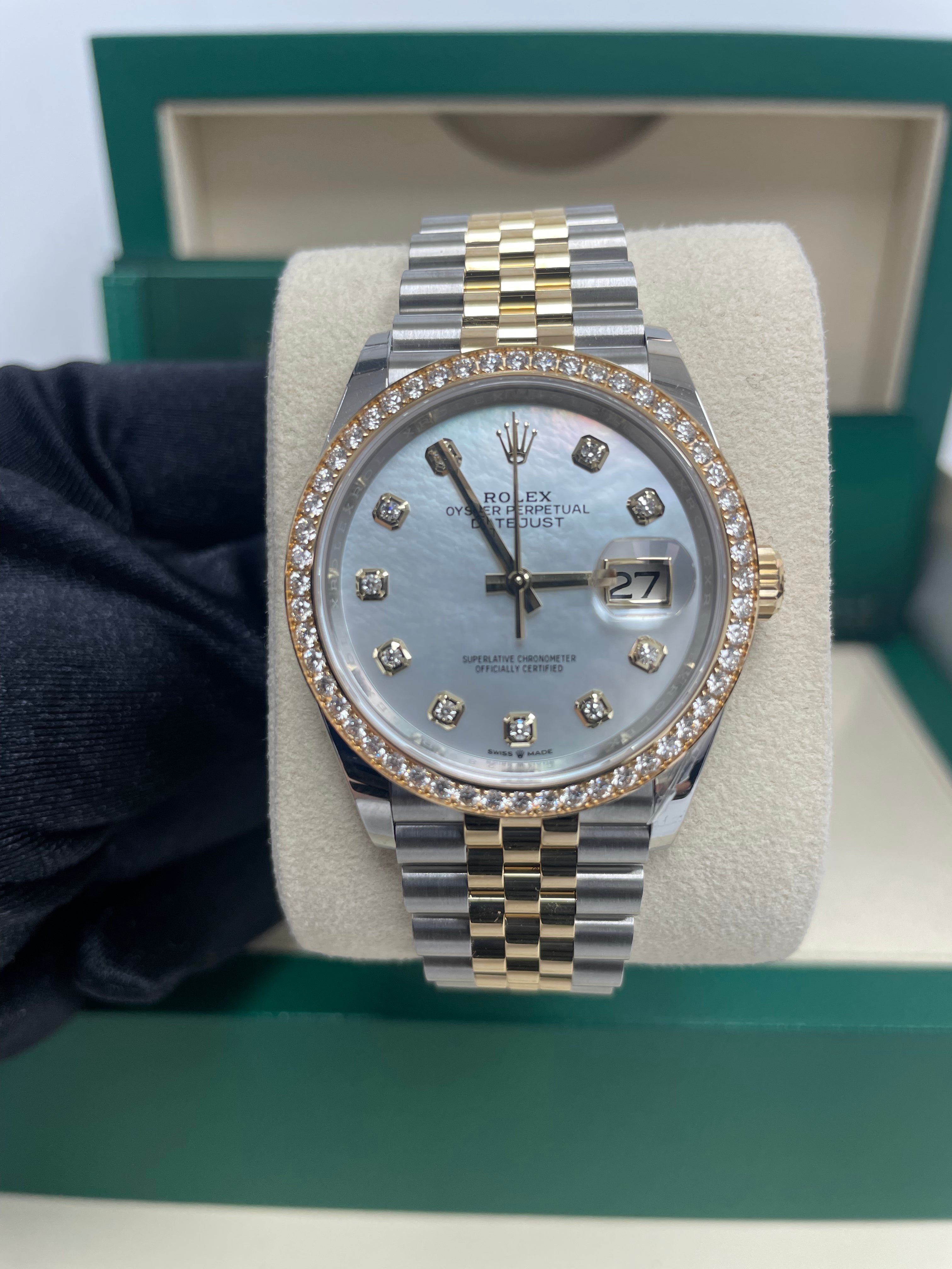 Rolex Datejust 36 Rolesor Watch - Yellow Diamond Bezel & White Mother of Pearl Dial - Jubilee Bracelet Ref.126283RBR - Luxury Dress Watch for Men, Perfect for Weddings & Formal Events