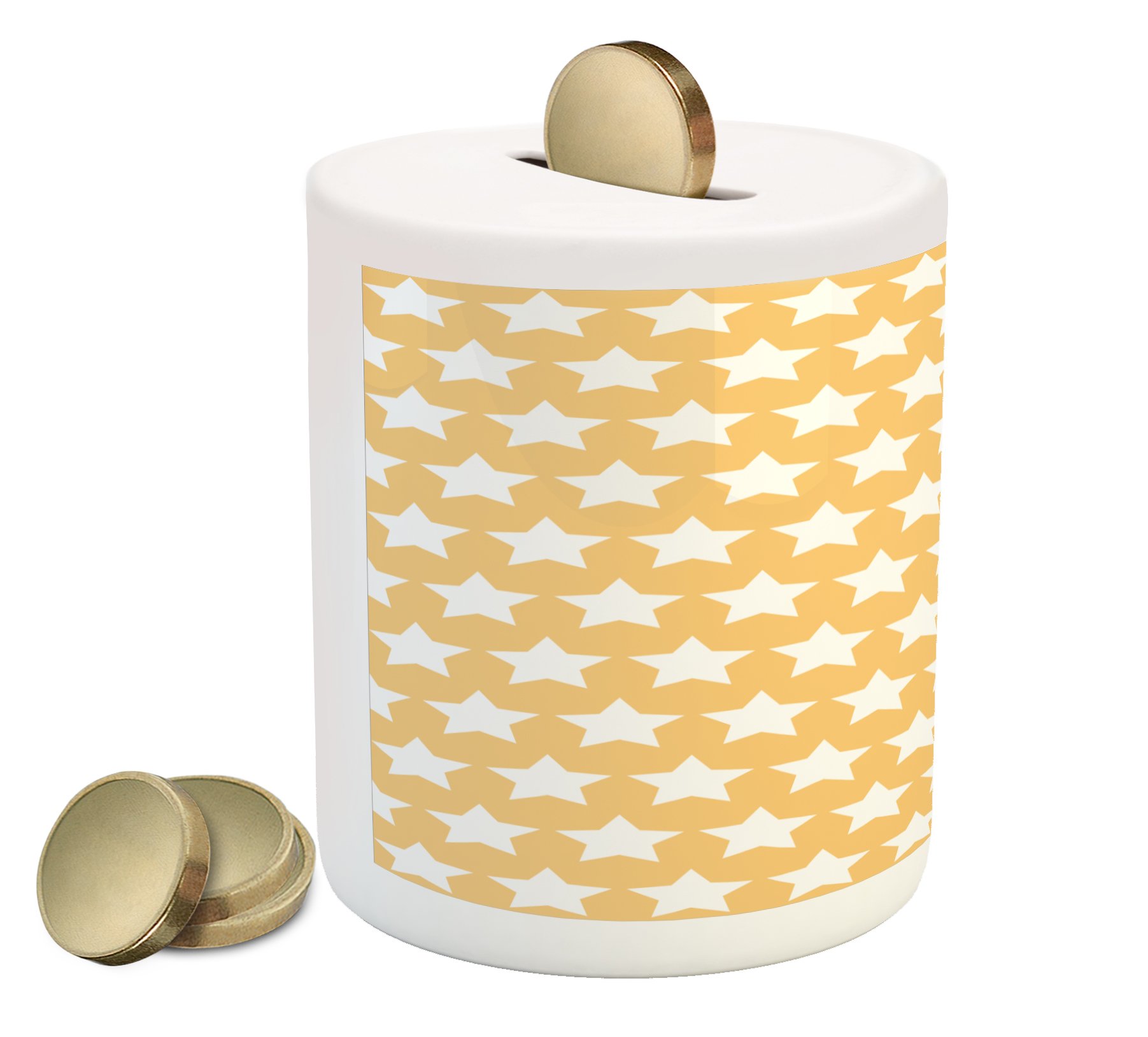 Ambesonne Ceramic Piggy Bank - Yellow & White Star Pattern, Retro Money Box for Cash Saving, Perfect for Kids' Savings & Home Decor (Apricot Cream)