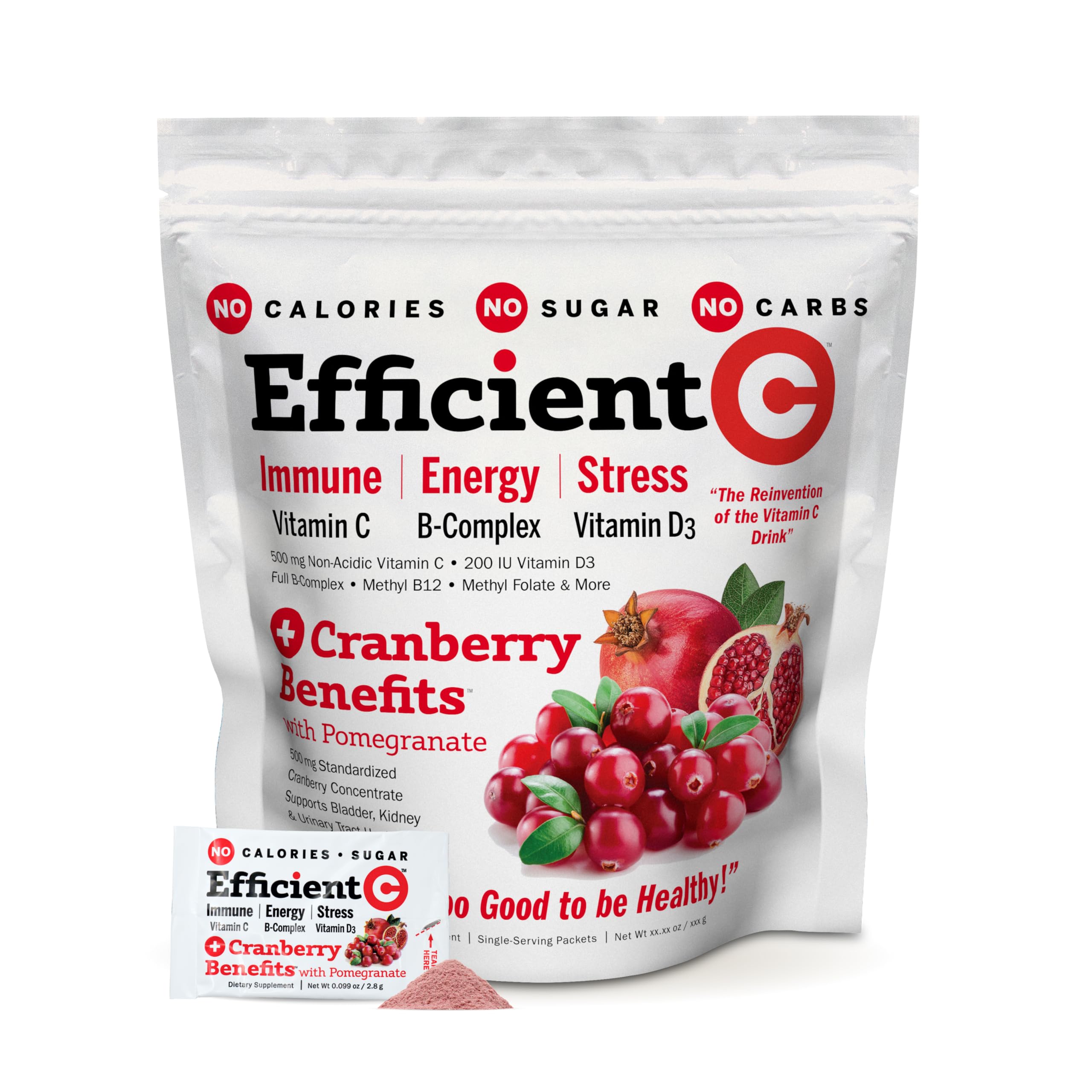 ANDREW LESSMAN Efficient C + Cranberry Benefits 180 Packets - Immune & Energy Support, Urinary Tract Health, Stress Relief | Sugar-Free, Zero Calorie, Low Carb Vitamin C Drink Mix | Perfect for Daily Wellness, Travel & On-The-Go Nutrition