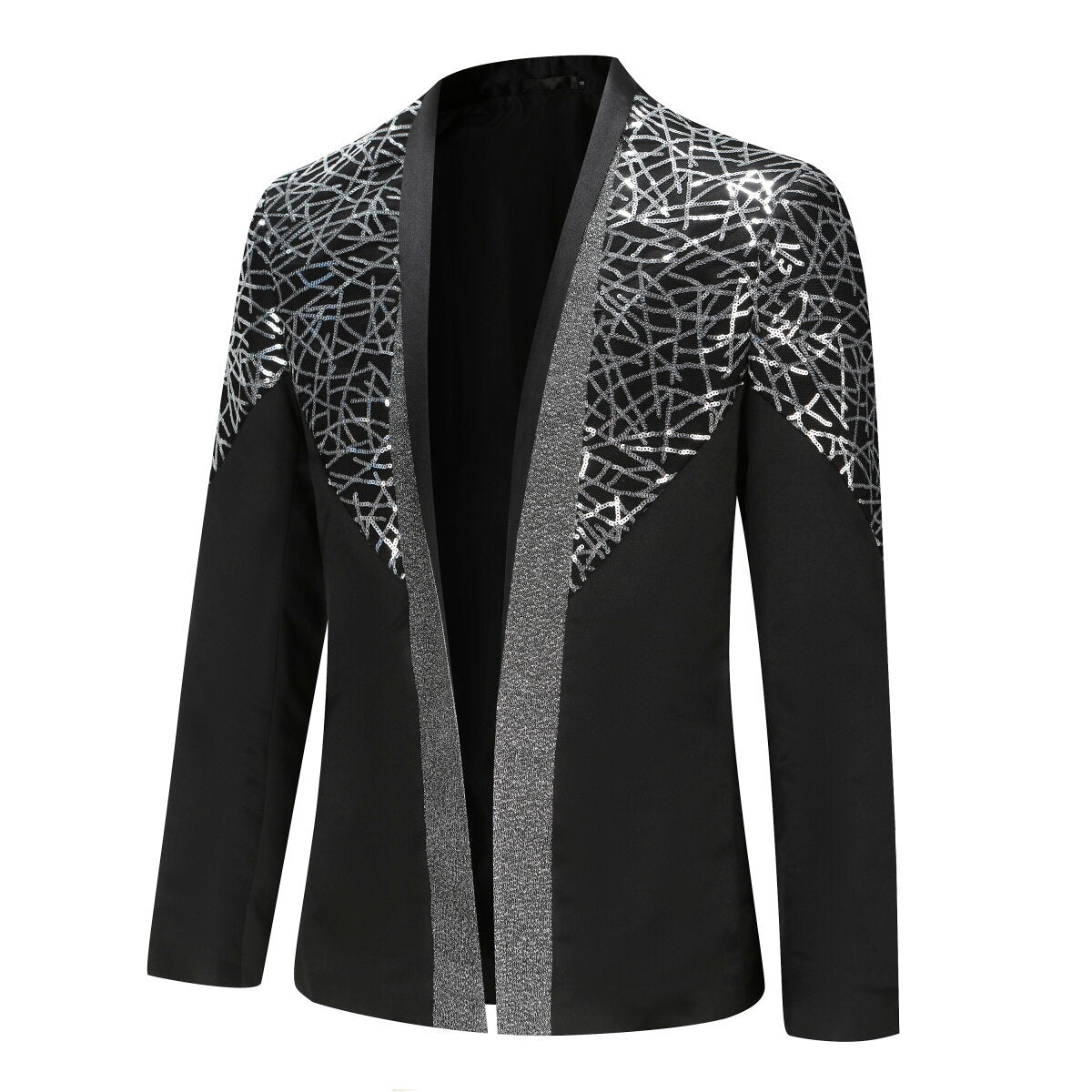 Men's Black Sequined Stand Collar Single Breasted Blazer Jacket - Formal Wear for Weddings, Parties & Business Events