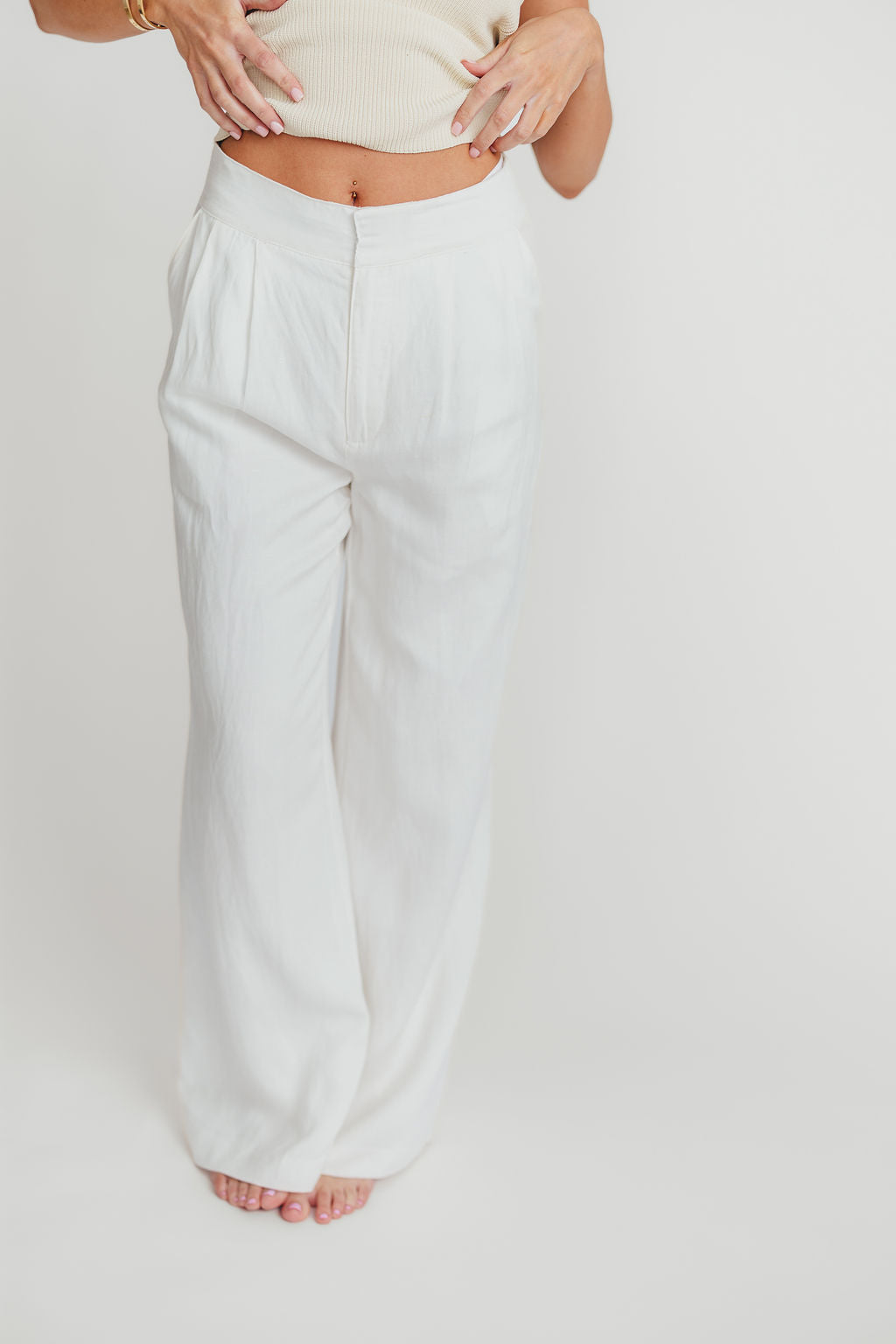 Sylvia Wide Leg Pants for Women - High Waisted Linen Blend Trousers in Off White | Comfortable & Stylish for Office, Casual Outfits & Summer Wear