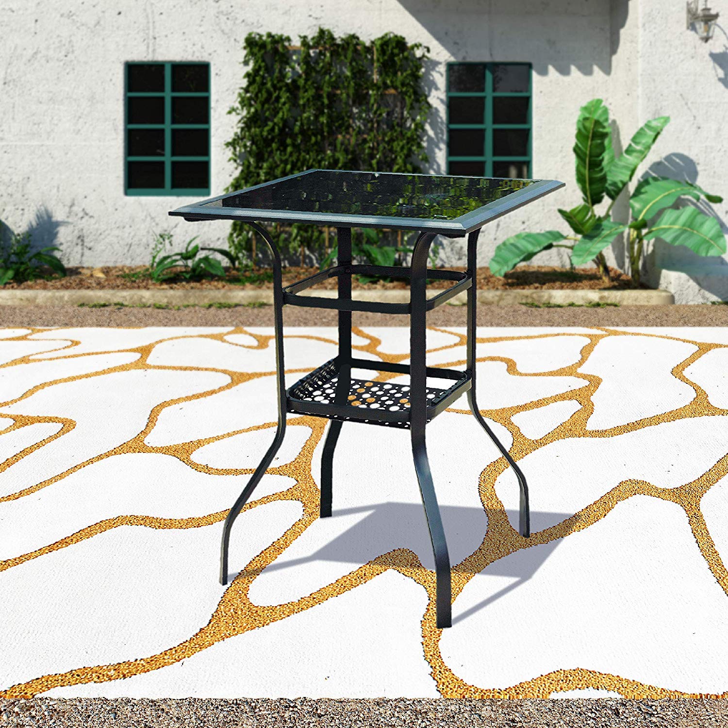 PatioFestival 2-Tier Outdoor Bistro Bar Table - Metal Steel Slat Dining Side Table with Tempered Glass Top & Storage - Perfect for Patio, Garden, Balcony & Small Space Dining (1 Table)