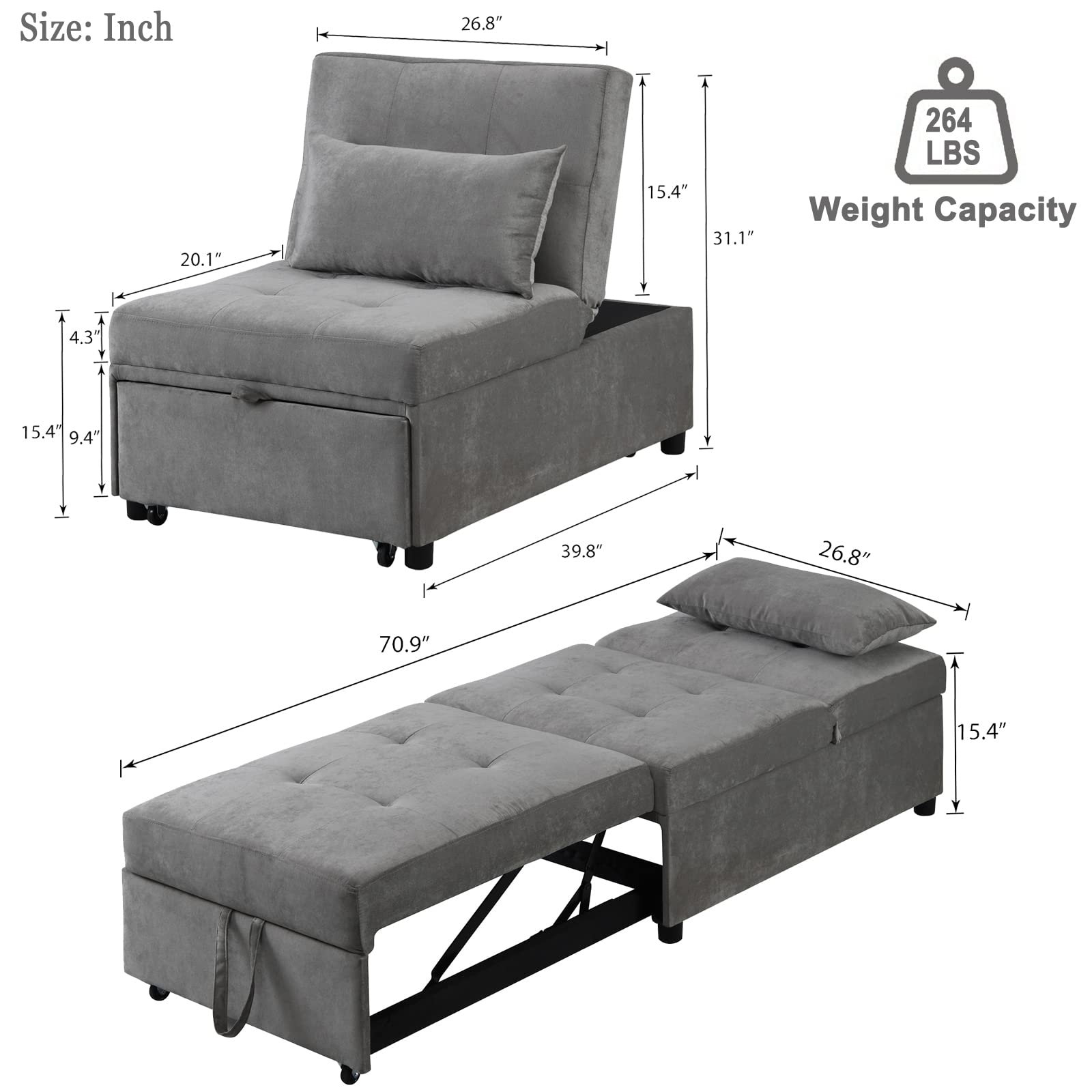 Antetek 4-in-1 Convertible Chair Bed - Multi-Functional Folding Ottoman Sofa Sleeper with Adjustable Backrest, Space Saving Guest Bed for Small Apartments, Dorms & Living Rooms | Perfect for Overnight Guests, Studio Apartments & Home Offices (Gray)