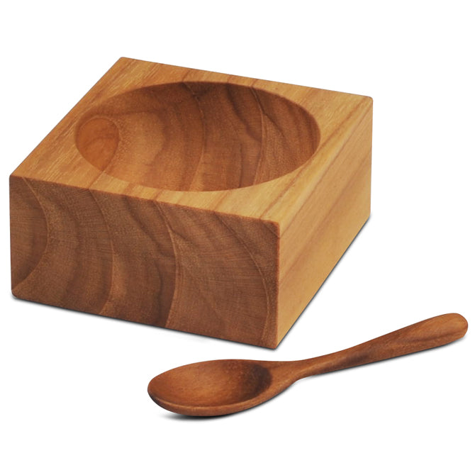 Premium Teak Wood Square Salt Cellar with Natural Teak Spoon - Handcrafted Kitchen Essential for Gourmet Cooking & Dining Table Decor